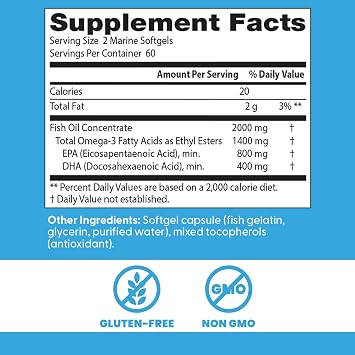 Doctor's Best Omega 3 Fish Oil Supplement for Women & Men - Source of DHA, EPA, Omega-3 Fatty Acids, Purified, High 2000 mg Potency, Heart Health Support, Non-GMO, Gluten Free - 120 Marine Softgels
