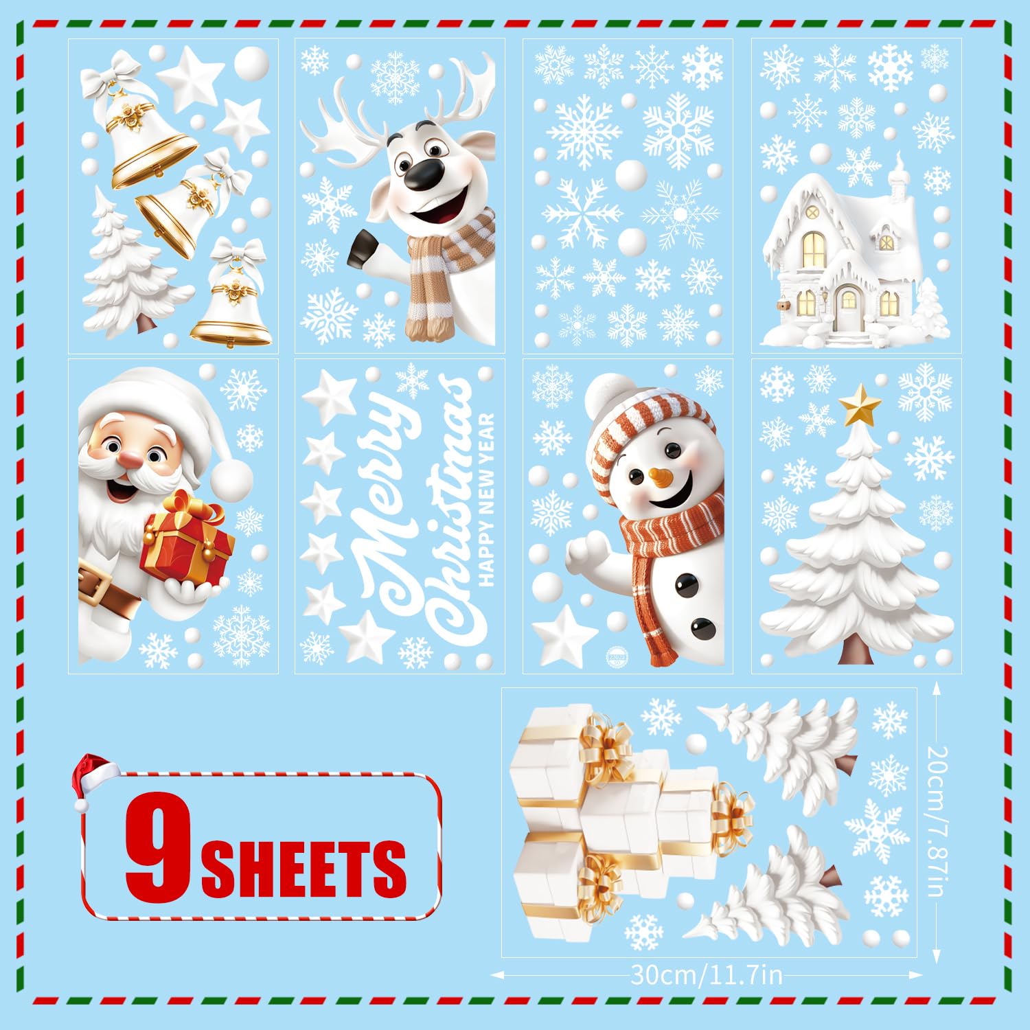Christmas Window Clings - 146PCS Stickers and Decals, 9 Sheets Decorations for Glass Windows