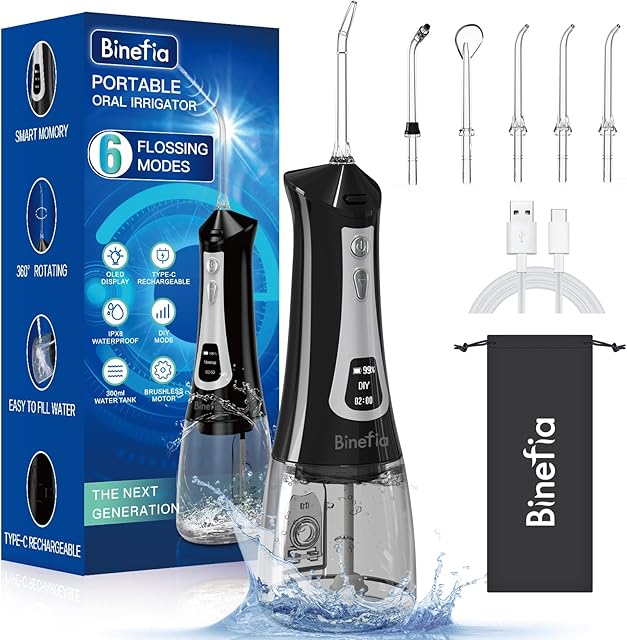 Water Flossers For Teeth Cordless, Binefia Oral Irrigator Dental Flosser with 6 Modes, OLED Display, 300ML, IPX8 Waterproof & 5 Jet Tip Water Pick For Teeth Cleaning, USB-C Rechargeable Use For Travel