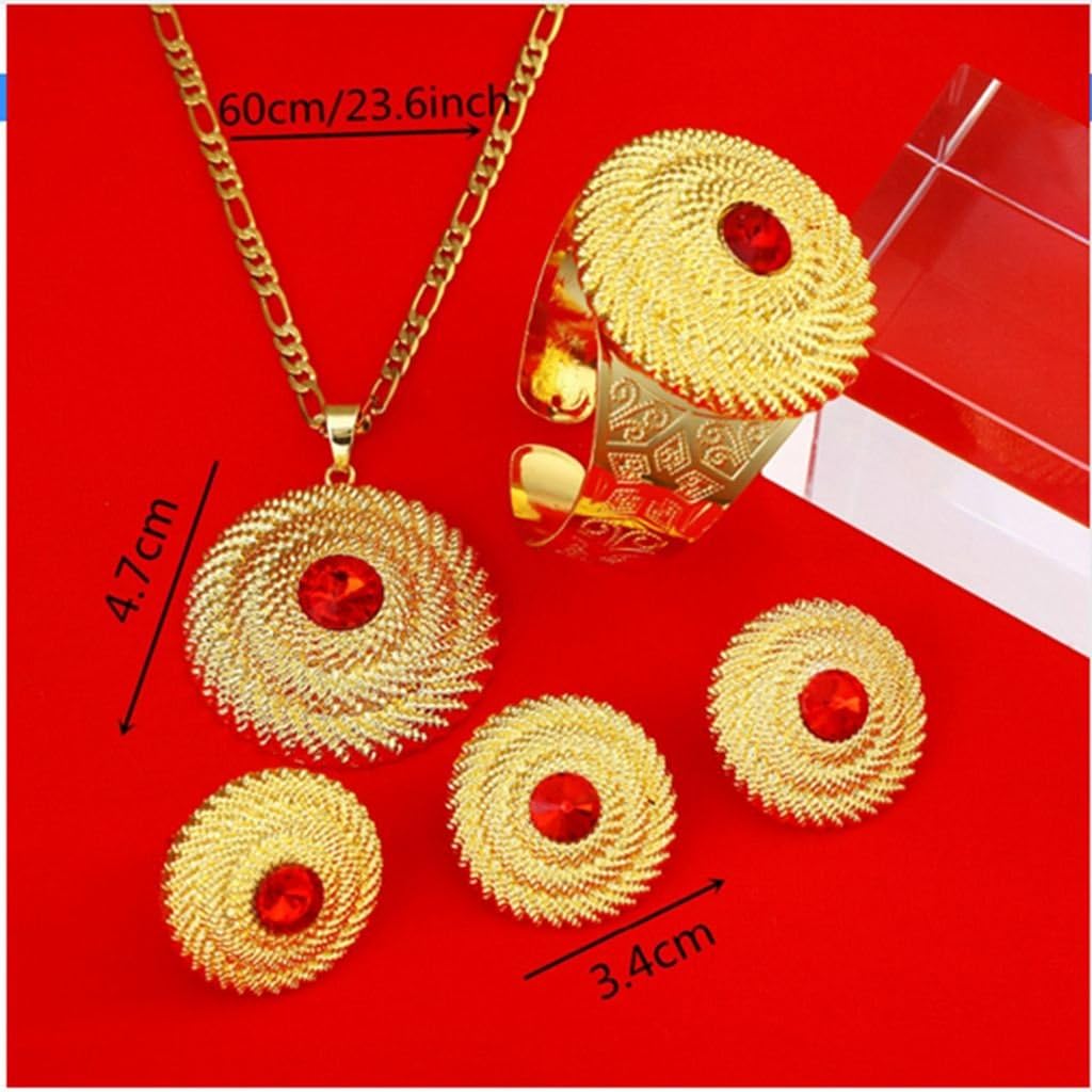 Ethiopian Red Stone Jewelry Set 24k Gold Plated Pendant Ring Earring Bangle Wedding Sets Women