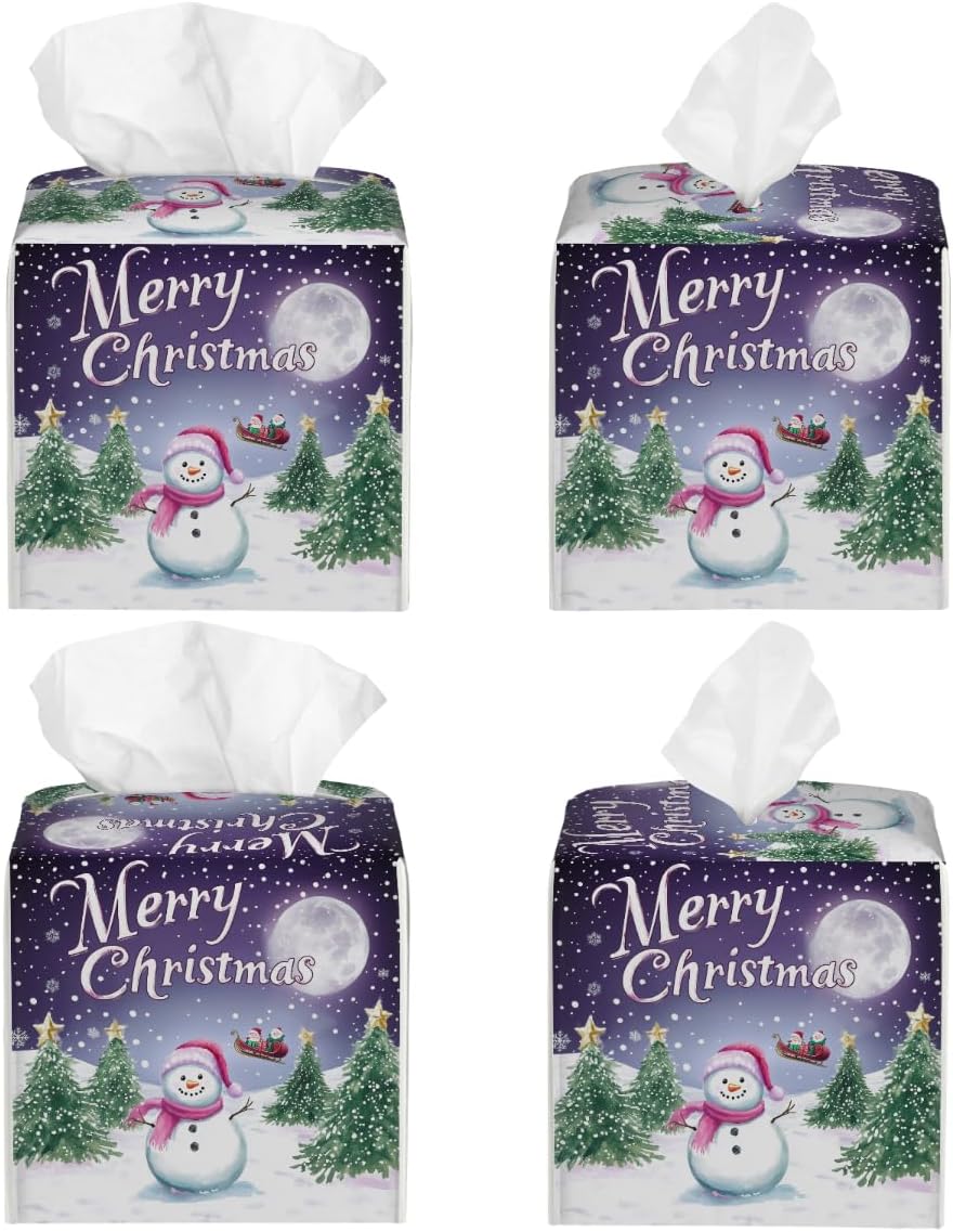 Snowman Christmas Tissue Box Cover Square Leather Tissue Box Holder Decorative Tissue Case Covers Organizer for Bathroom Home Office image 2