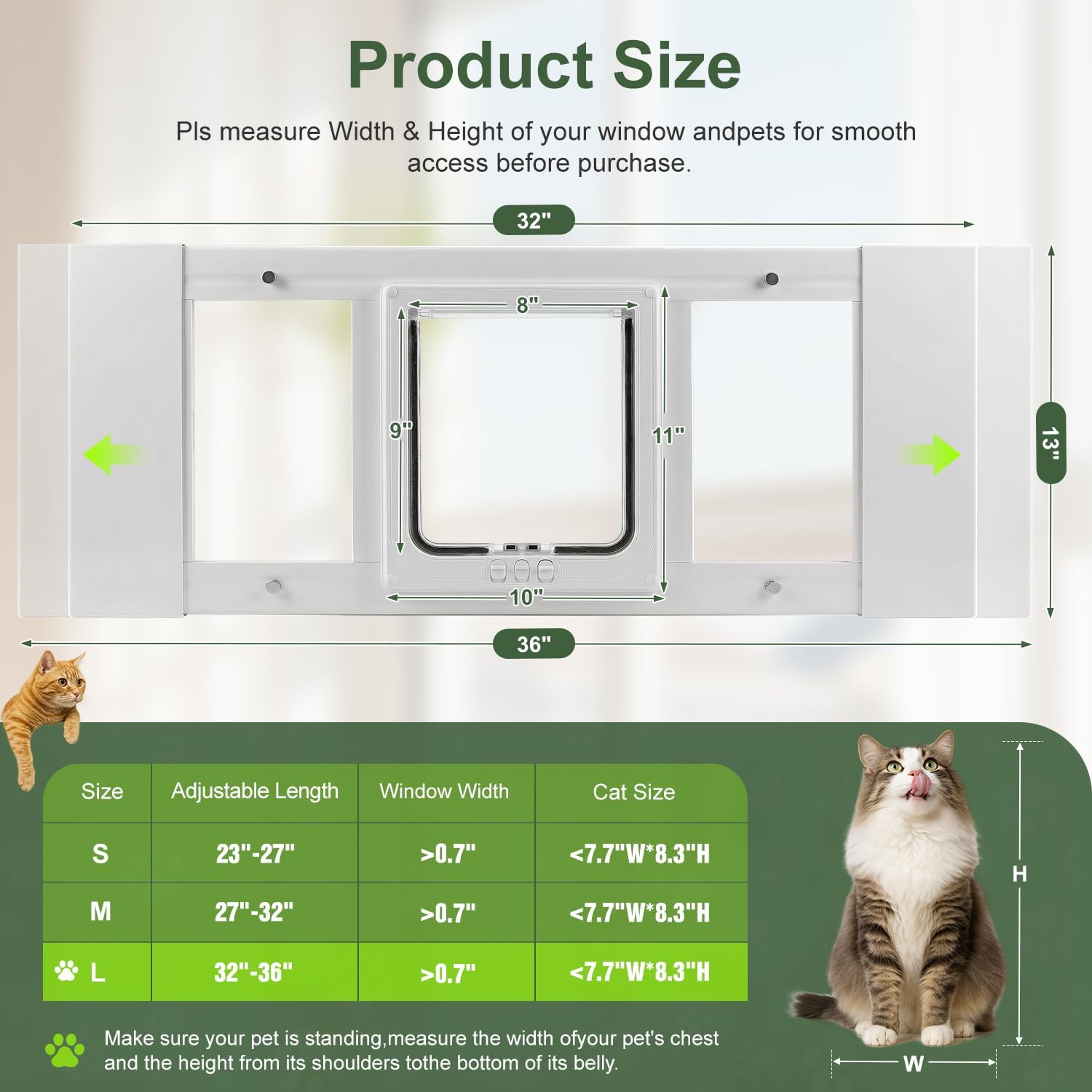 Aluminum Cat Door for Window 32-36 Inch, Adjustable Full-Size Window Pet Door, No-Tool Installation, Controllable Flap with 4 Locking Modes, Weatherproof & Secure Insert for Cats