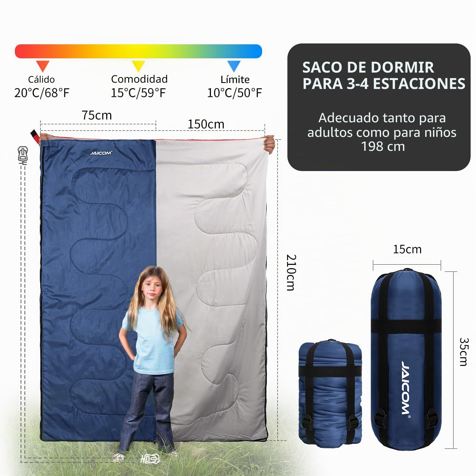 JAICOM Saco de Dormir Ultraligero - Saco Dormir para Niños Adultos en 3 Estaciones, con Bolsa Comprimida, Fácil de Llevar, Adecuado para Camping, Senderismo, Interior y Exterior