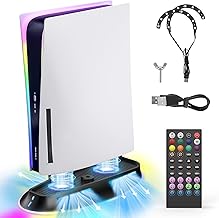 Allnice PS5 Stand with Cooling Fan and RGB LED Light for Playstation 5 Disc/Digital Edition, PS5 Cooling Station PS5 Fan Cooler System PS5 Vertical Base, Built-in LED Light with IR Remote, 2 USB Ports