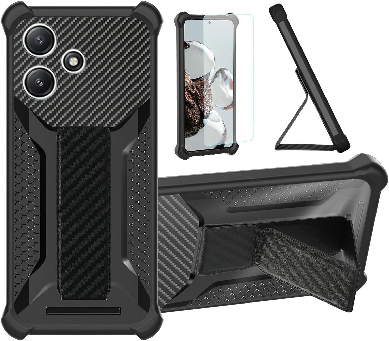 Case Compatible for Redmi 12 5g Phone Case Cover [with Tempered Glass Screen Protector] Hybrid Case [Folding Support Magnetic] [Frosted Anti-Fingerprint] Black