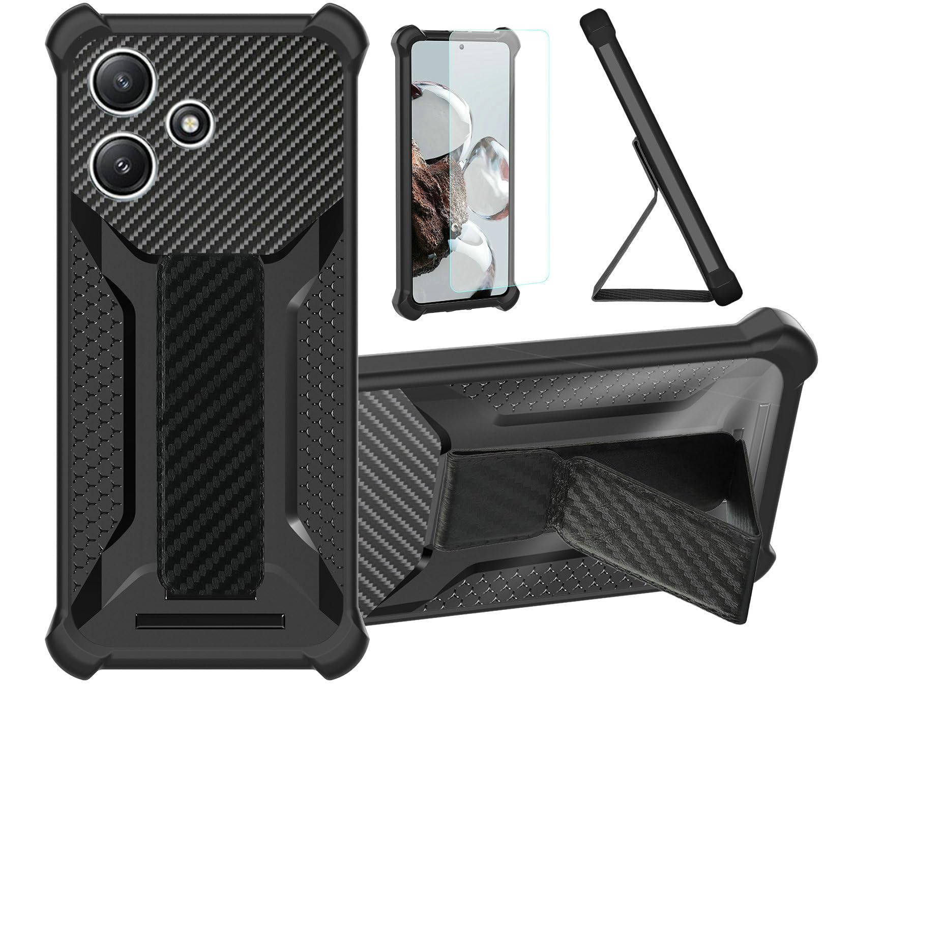Case Compatible for Redmi 12 5g Phone Case Cover [with Tempered Glass Screen Protector] Hybrid Case [Folding Support Magnetic] [Frosted Anti-Fingerprint] Black