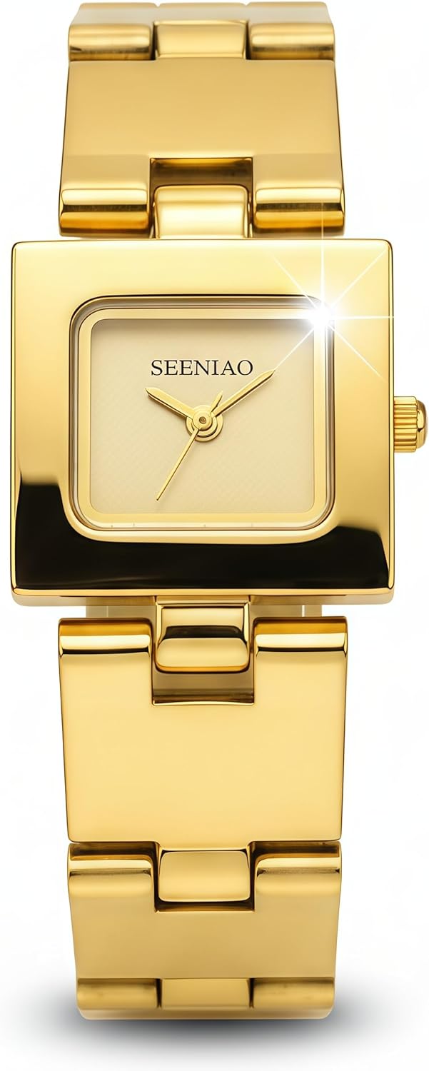 Womens Gold Watch Dainty Analog Dress Timepiece with Bangle Bracelet Minimalist Square Case Mother of Pearl Dial Water Resistant Fashion Designer Piece Inspired by Western Jewelry for Women