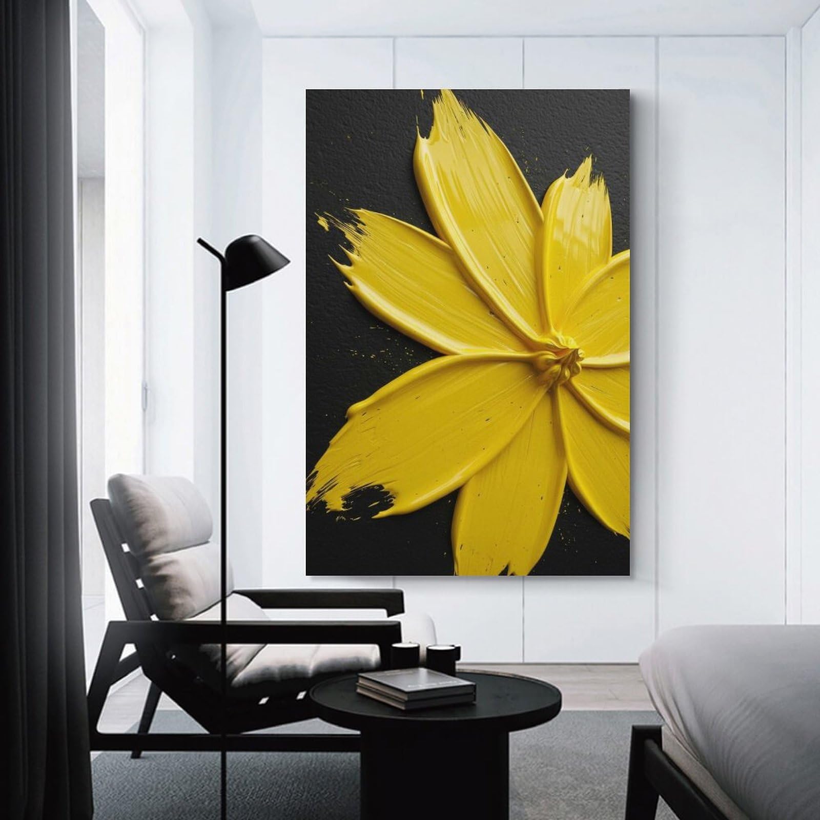 Junmoney Unframe-Style-6 Yellow Paint Flower On Black Background Canvas Wall Decor, 24X36inch(60X90cm), For Wall Displays, Bedrooms Or Room Updates, Wall Decor Suited To Curated Displays