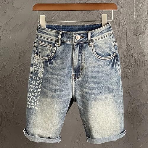 Wssbk Hip Hop Shorts Men Summer Stretch Denim Pants Jeans Light Blue Slim Straight Essential Shorts (Color : A, Size : 33) #TOP2