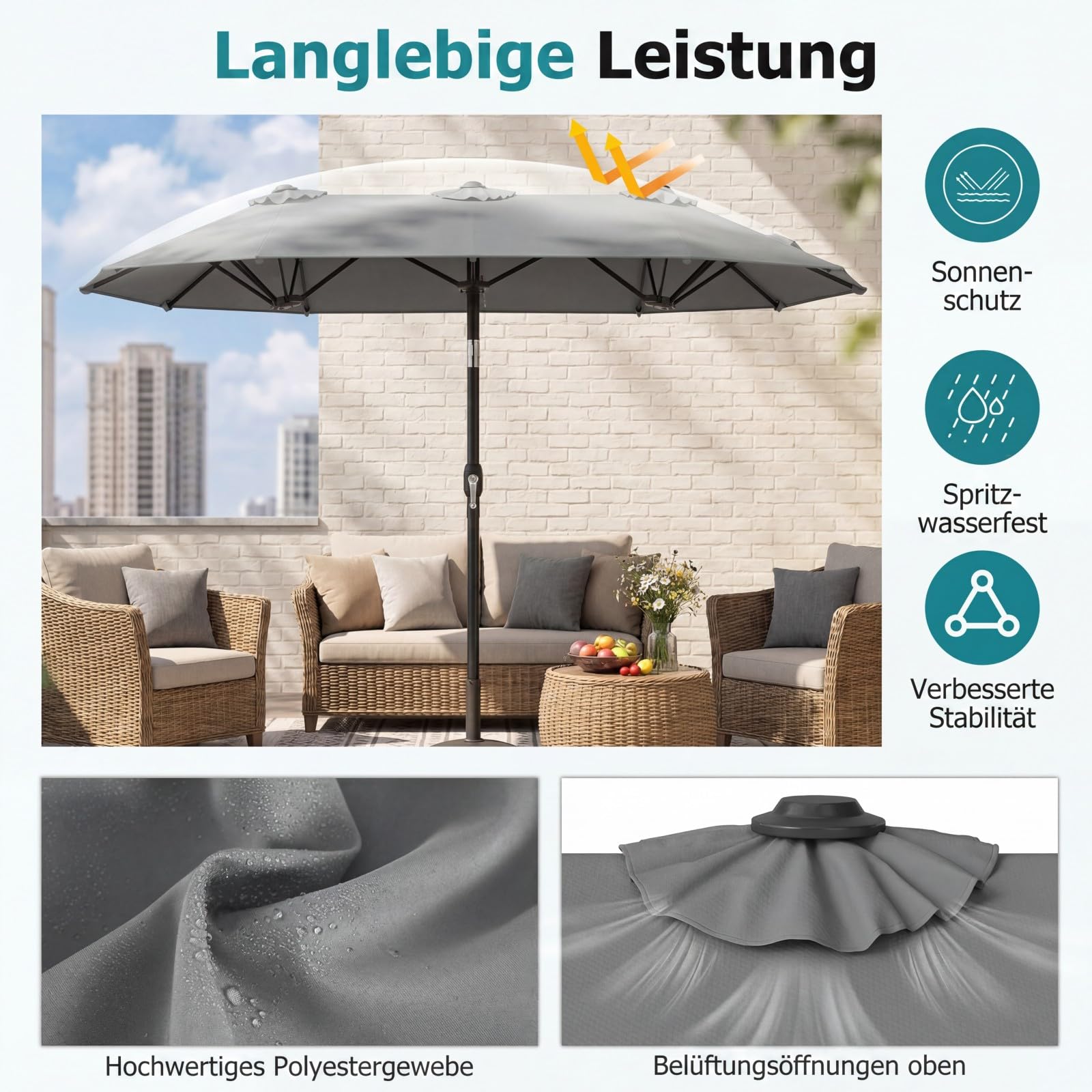COSTWAY Doppelsonnenschirm knickbar 300x150cm, Doppel Sonnenschirm, Gartenschirm mit Kurbel, Terrassenschirm, Marktschirm für Garten, Terrasse, Balkon (Grau)