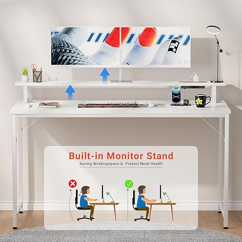 Miniatura 6 de iSunirm Escritorio para computadora de 47 pulgadas con tomas de corriente, escritorio de juegos con luces LED, escritorio de trabajo de oficina en