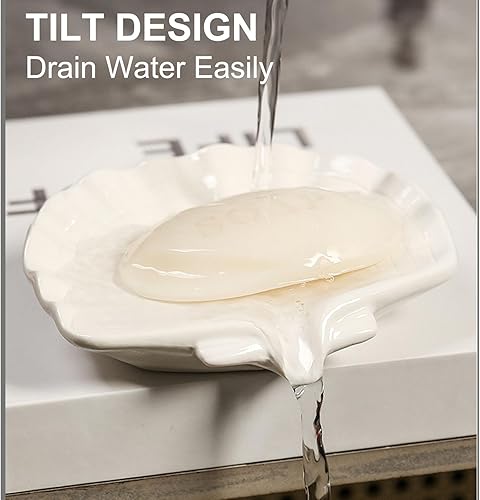 Miniatura 3 de Jabonera de cerámica, bandeja de jabón de concha de mar con autodrenante, bandeja de jabón para fregadero, baño, ducha, soporte pequeño lindo y