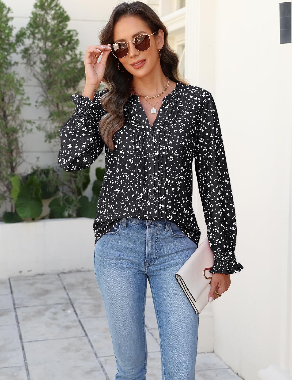 CiCiBird Womens Casual V Neck Blouses Button Down Shirts Long Sleeve Floral Print Business Work Tops - Image 4