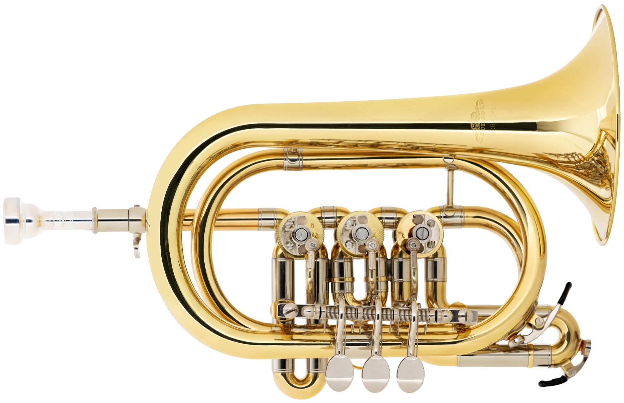 BCR-26L Drehventil Kornett - Ideales Schülerinstrument - Gewicht: 910g, Länge: 28cm - Korpus: Messing, Mundrohr: Goldmessing, Finish Klarlackiert - Inkl. Mundstück & Gigbag