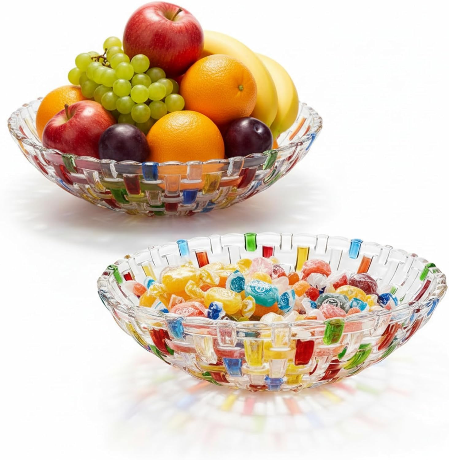 Tioncy 2 Pcs 52 oz Colorful Crystal Glass Fruit Bowls 10" Large Hand Painted Woven Art Glass Candy Bowl Decorative Centerpiece for Salad, Fruit, Dessert, Snack, Home, Office, Wedding Decor
