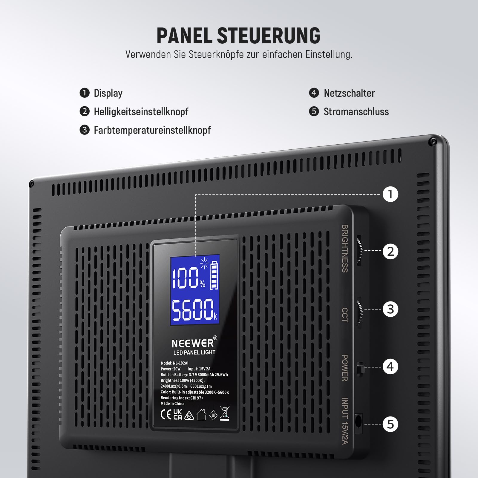 NEEWER 192 LED Panel Videolicht, 20W Ultra dünn Bi Farbe Dimmbar DSLR Kamera Soft Light, 8000mAh Eingebauter Lithium Akku, 3200-5600K CRI97+, Key Lighting für Studio Fotografie Aufnahme Streaming