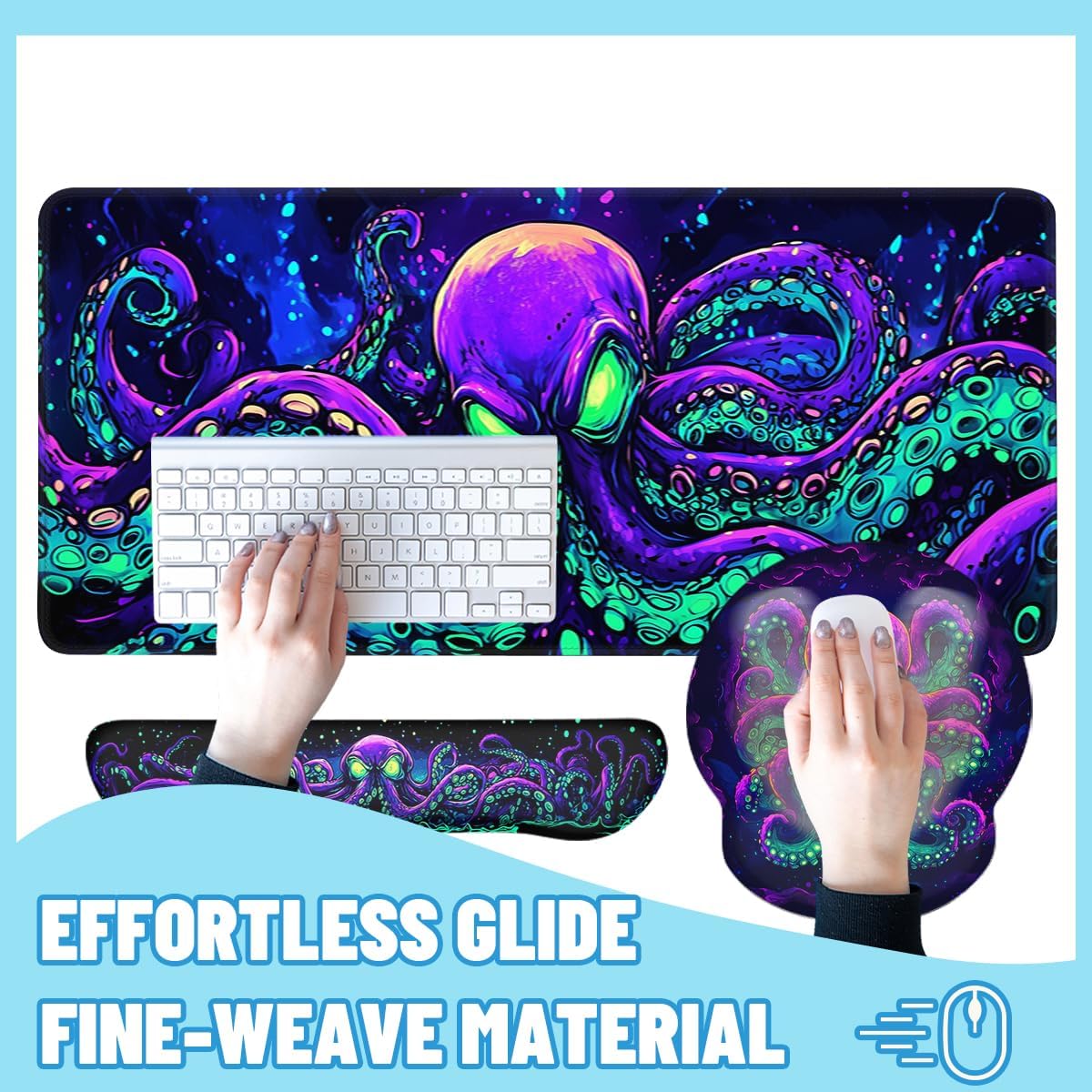 Octopus Mouse Pad Set Cool Neon Purple Green Cthulhu Monster Gaming Mousepad 4in1 Desk Mat for Desktop Wrist Support Cup Coaster Set Ergonomic Computer Desk Arm Wrist for Decor Home Office