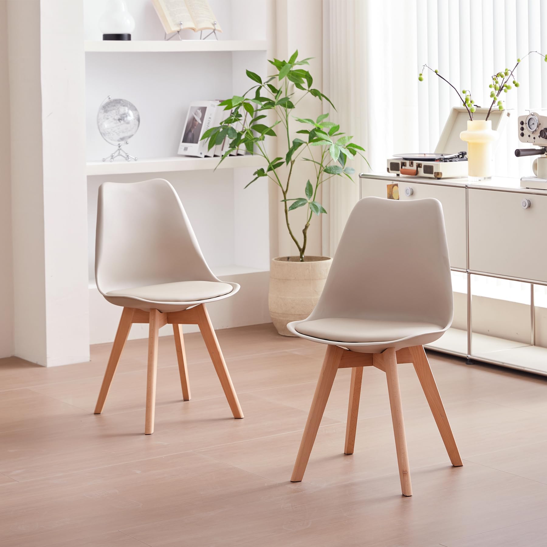 Mesa de Comedor con 4 Sillas, Juego de Comedor, Mesa de Comedor Redonda de Madera de 100 * 100 * 75 cm, 4 Sillas con Respaldo Alto, Patas de Madera de Haya, (Marrón Claro +Caqui)