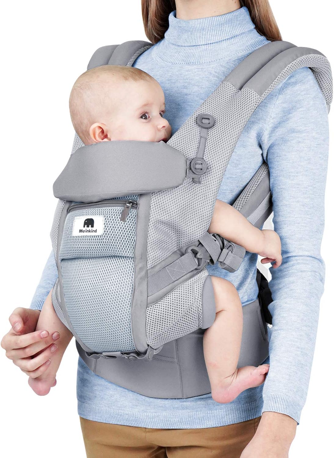 Convertible Carrier, 4-in-1 Infant Carrier Ergonomic, Soft Breathable Comfortable Baby Carrier for 7~45lbs Infant, Front and Back Carrier with Head Support, Padded Shoulder Strap, Grey