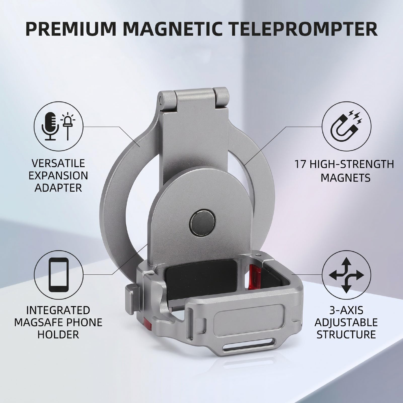 Supporto per Teleprompter per Cellulare, Adattatore Magnetico con | Leggero in Lega D'alluminio, Regolabile su 3 Assi, Compatibile con 4/3, con Supporto Integrato per filmare.