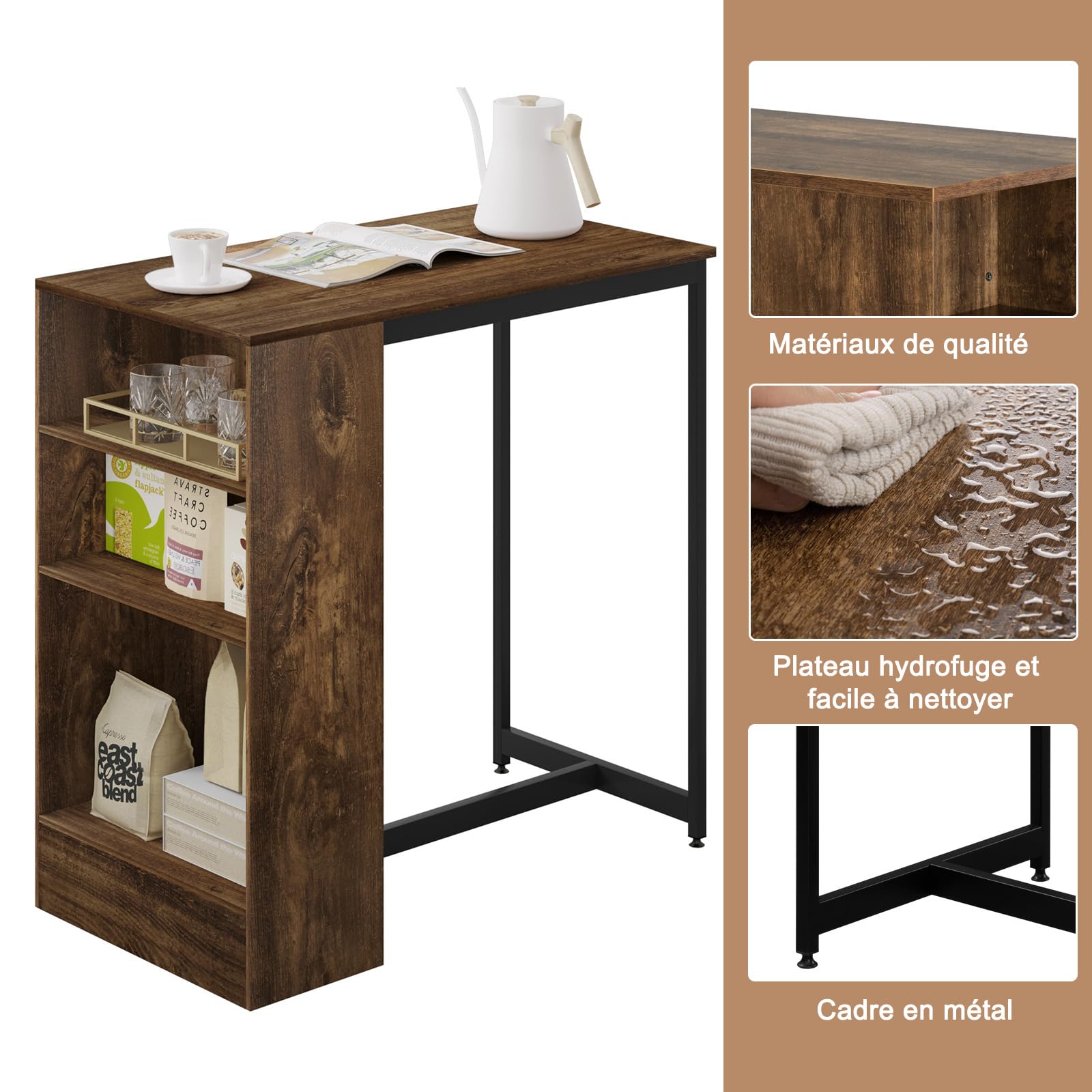 WOLTU Table Bar 90 x 50 x 90 cm, Table Haute Cuisine et 3 Compartiments de Rangement, Mange Debout en Métal & Bois, Rustique+Noir