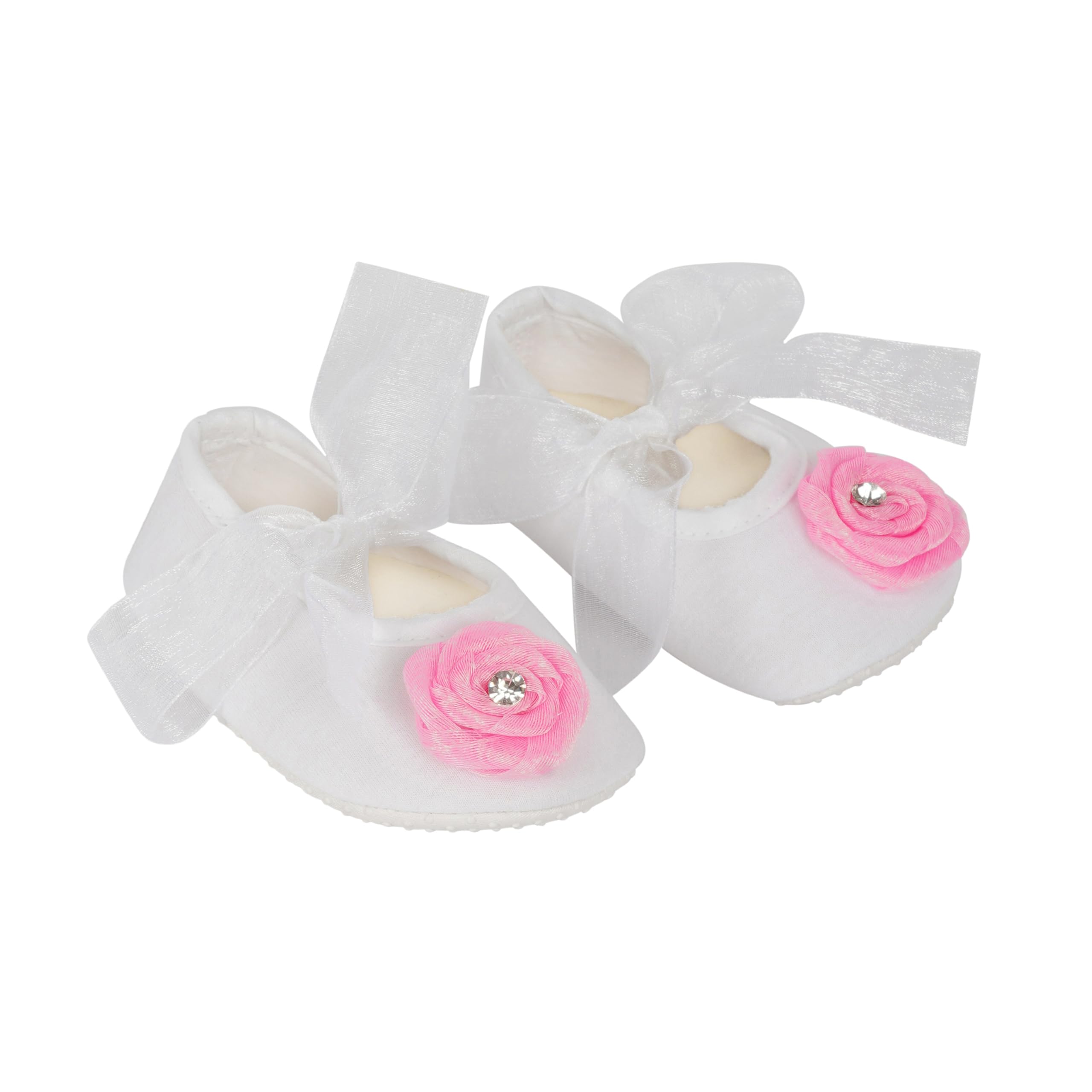 Infant New Baby Toddlers Boys and Girls Cotton White Sandal Ribbon Booties With Pink Flower Patch [RSM_52]-image-46