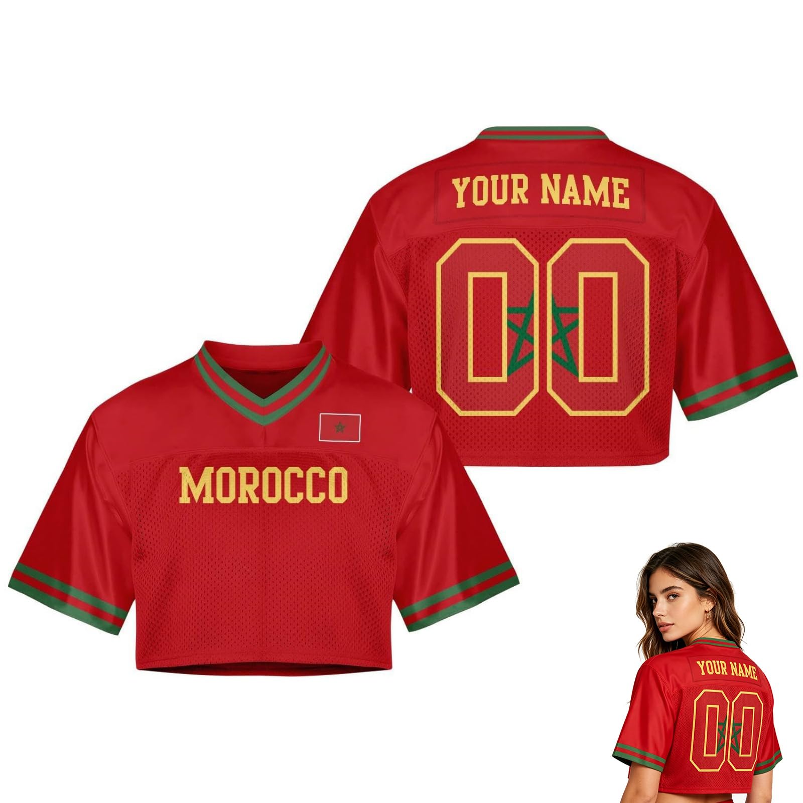 2026 World Cup Fan Shirt for Women,Personalised Name & Number, Y2K Crop Style Jersey, Cute Summer Short Sleeve Top for Match Day, Loose Streetwear Perfect Gift for Girls (Mo-rocco)