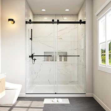 Frameless Shower Doors Double Sliding 57-60" W x 76" H Double Sliding 3/8"10mm Clear Tempered SGCC Shatterproof Glass Width Adjustable, DS01- Matte Black