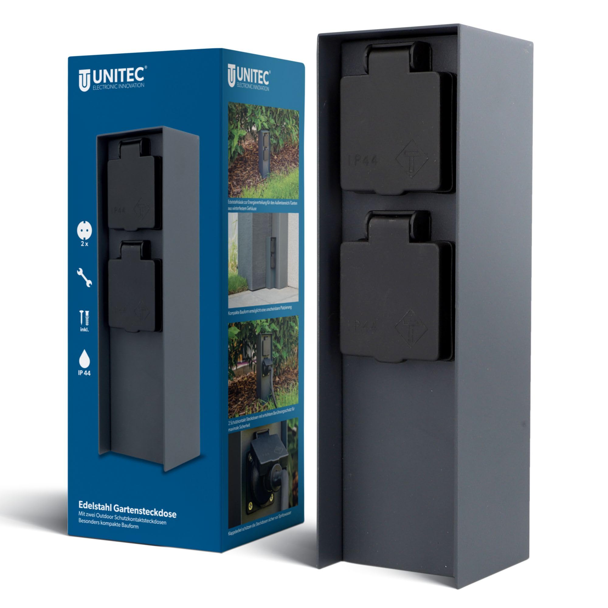 UNITEC Steckdosenverteiler für den Garten, Steckdosensäule, Außensteckdose, Edelstahl IP 44, 2 Steckdosen