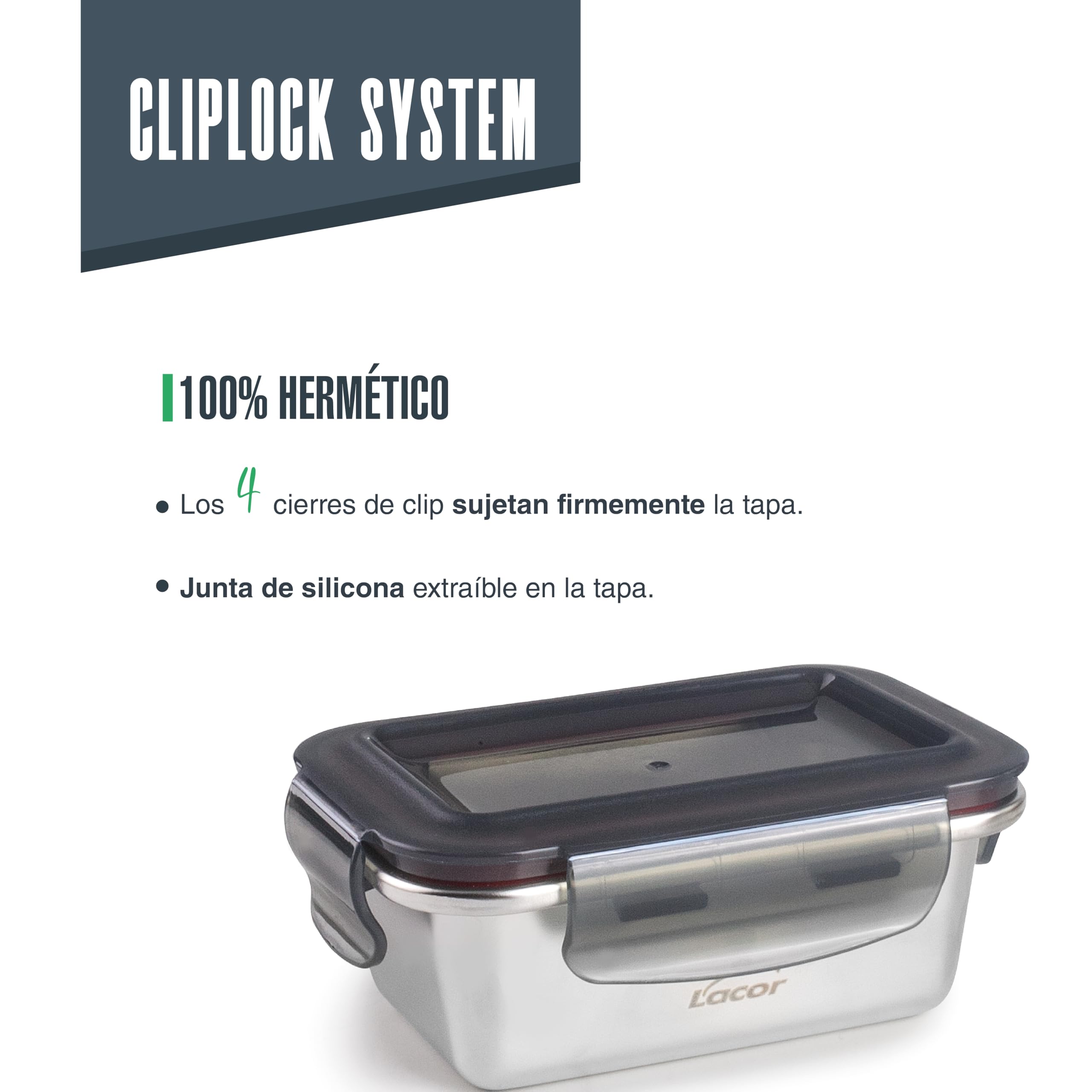 LACOR 64623 - Set 3 Recipientes Ecoinox - Acero Inox 18/10, 260 ml | Capacidades 3 x 260ml, rectangular, apto para horno, apto para lavavajillas, cierre hermético