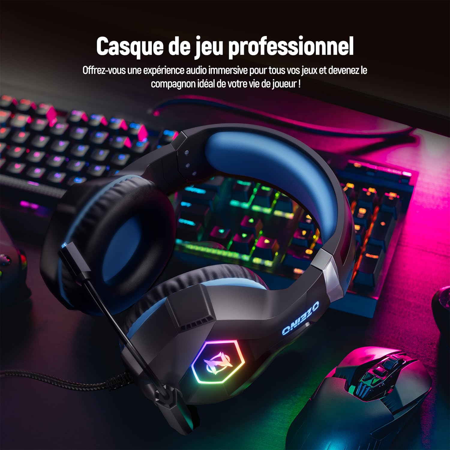 Ozeino Casque Gaming pour Ps5 PC Ps4, Casque Gamer pour Micro RGB 7 Couleurs Transducteurs 50mm Stéréo Basse Micro Anti-Bruit Réglable Compatible avec Switch Xbox Series X & S-Bleu Noir
