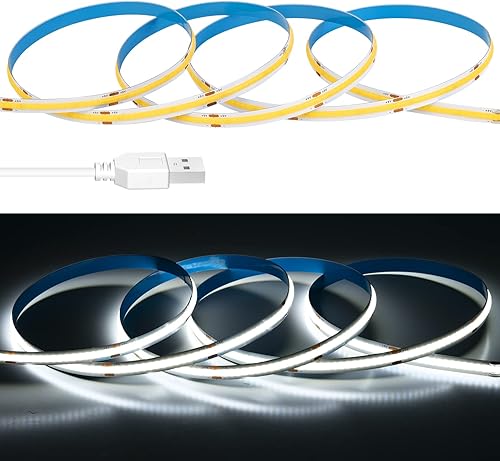Miniatura 2 de Tira de luz LED USB de 6.56 pies, 5 voltios alimentada por USB, luces LED COB de 6000 K, luz diurna blanca de 0.315 in, tiras flexibles de alta