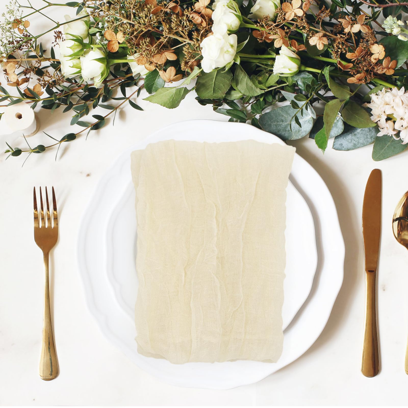 12 Stück Servietten, Boho Gaze Käsetuch Servietten 50 x 50 cm, Mullservietten für Party Hochzeiten Zuhause Brautpartys Tischdekorationen, Beige