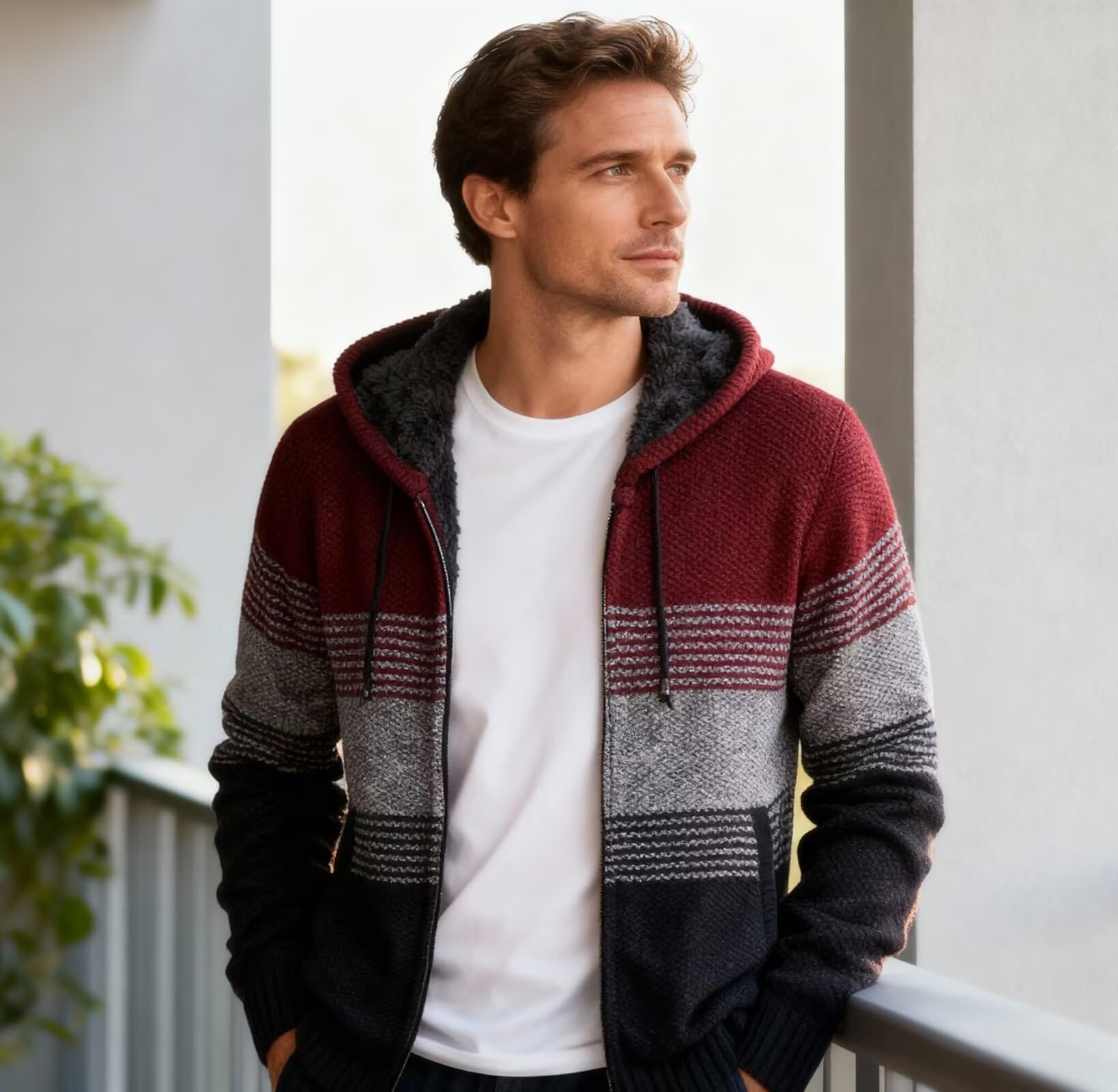 Chaqueta de Punto con Capucha para Hombre Cremallera Gruesa Suave Forro Caliente Invierno Slim Fit Sudadera