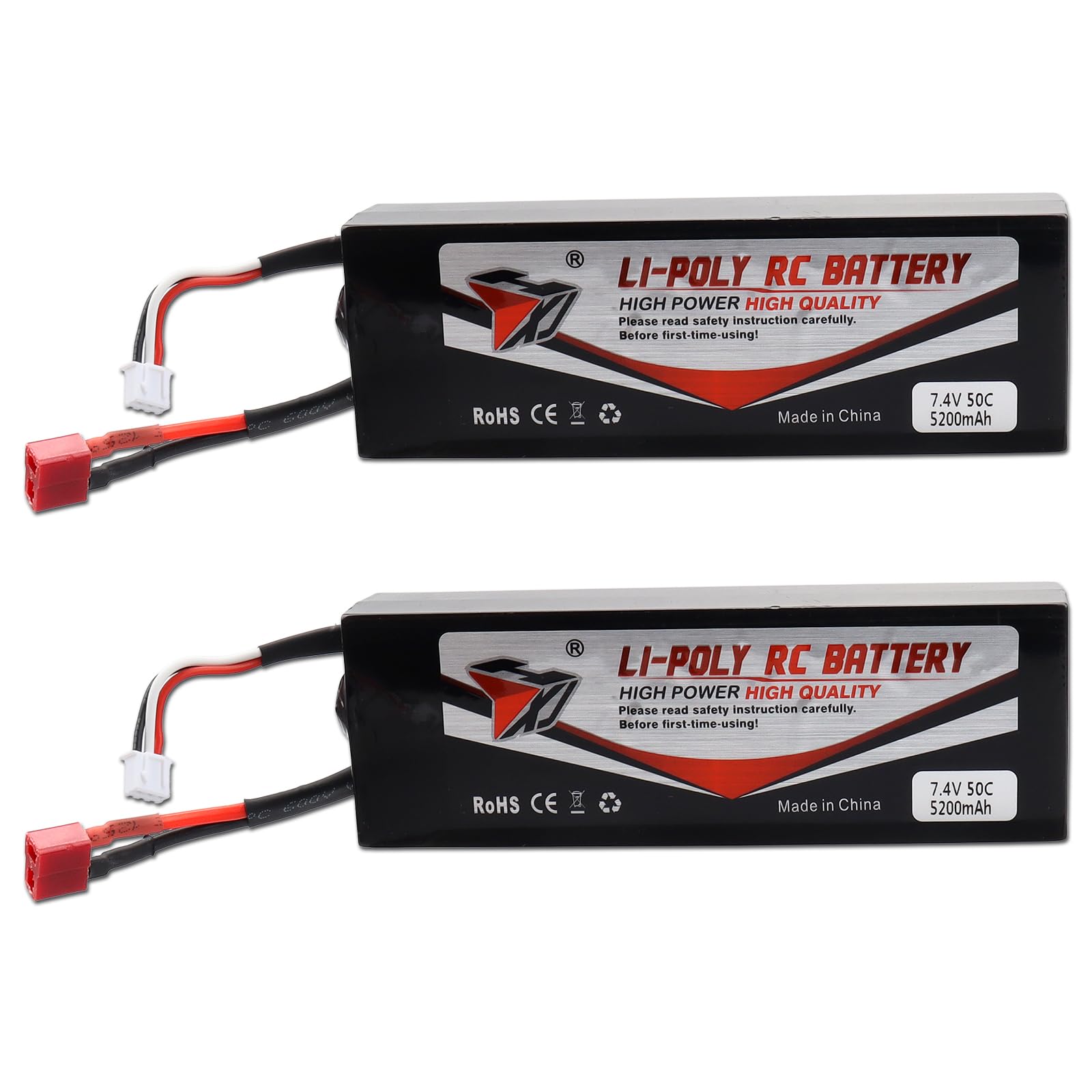 MXJFYY 2PCS LiPo RC Battery 50C 7.4V 5200mAh Hardcase with Dean-Style T Plug, Replacement Battery for RC Car Helicopter Truck Airplane Rock Crawler Airplane Helicopter Car Truck Boat Buggy, ect