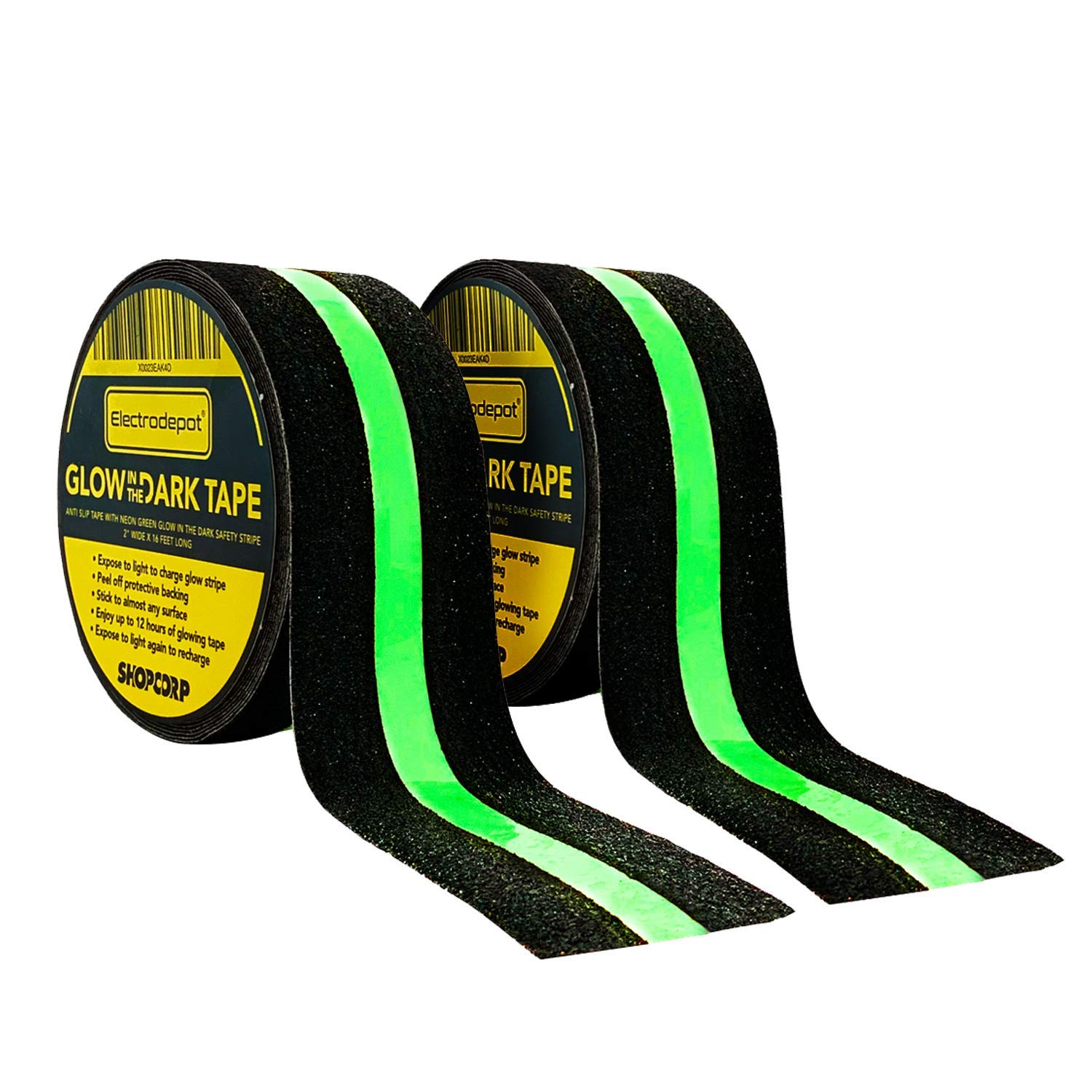 Shopcorp Professional Non-Slip Glow in The Dark Tape – Heavy Duty Adhesive Grip Strip for Indoors and Outdoors – 2 Pack (2 in Wide x 16.4 ft Long)