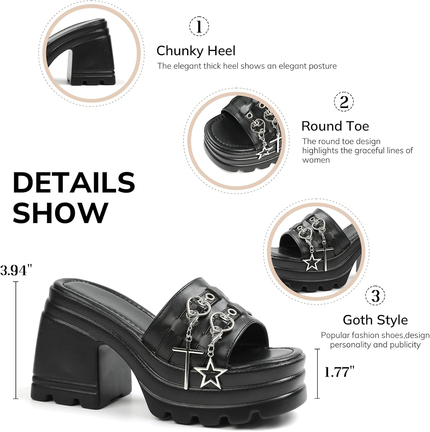 Women Black Gothic Sandals Chunky Buckle Heel Square Toe Slip On Block High Heel Dressy Shoes - Image 5