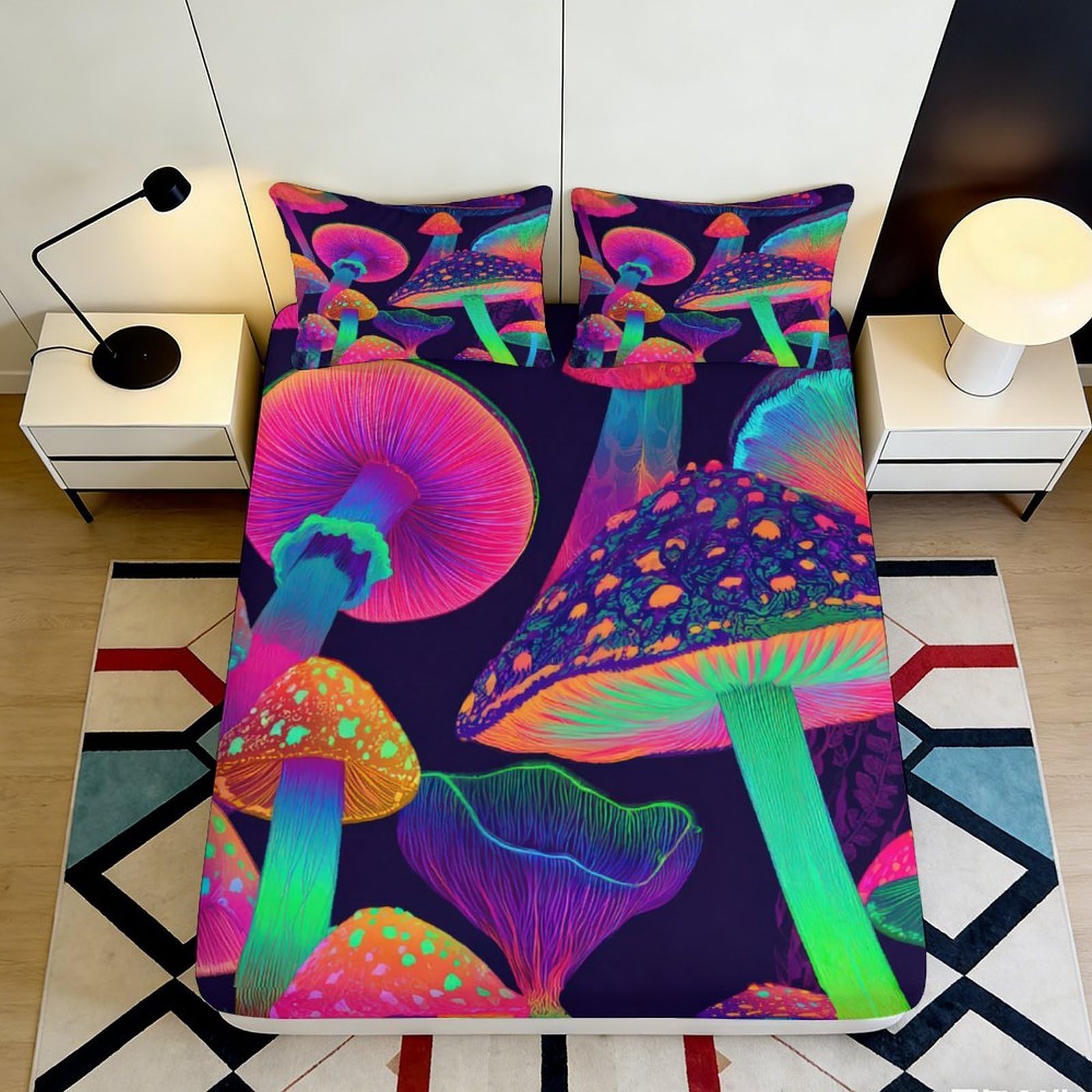 3D Printed Psychedelic Mushroom Fitted Sheet Microfiber Soft Anti-Slip Neon Art Mattress Cover for Bedroom Dorm Decor 90x200x25cm