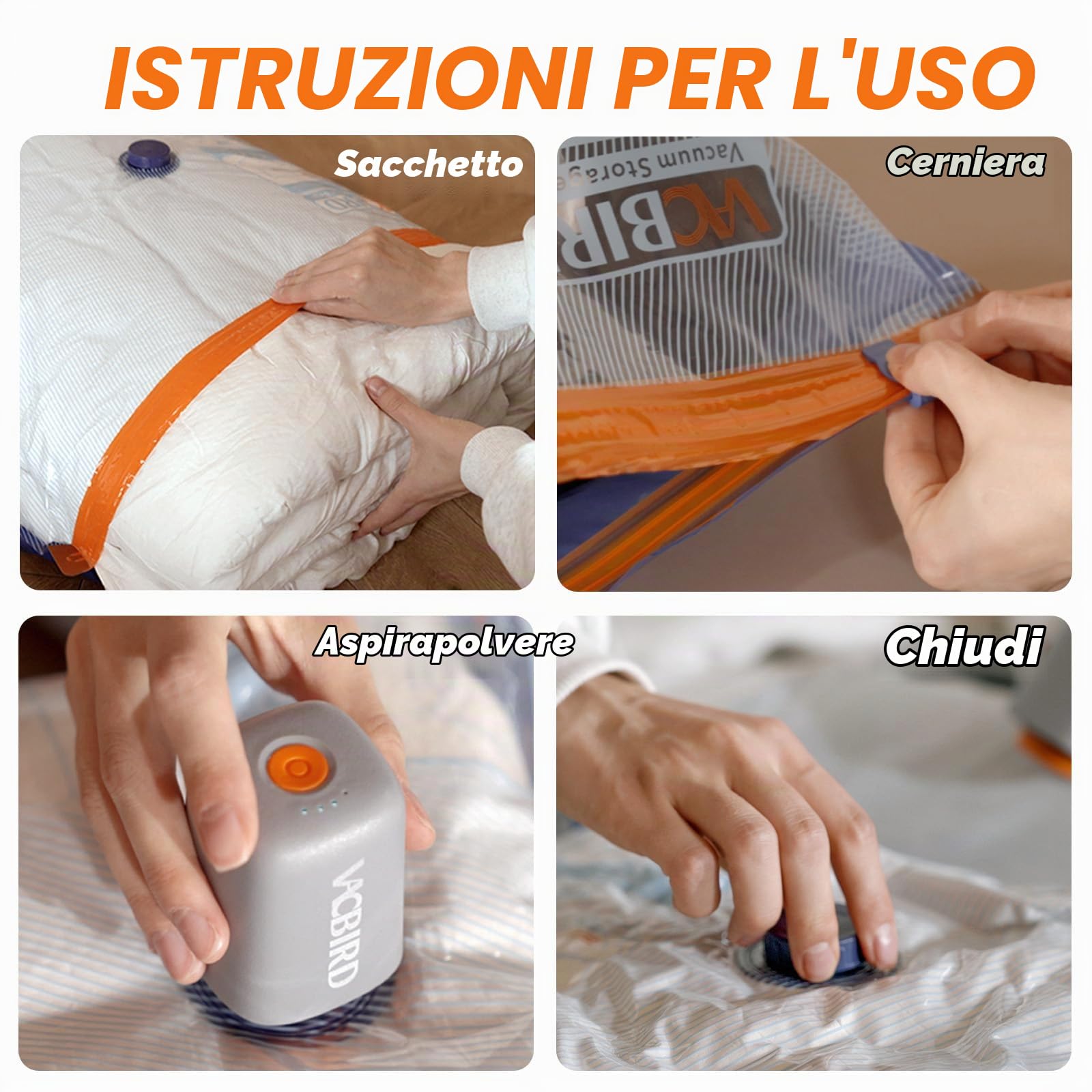 Vacbird Sacchetti Sottovuoto Vestiti con Pompa Elettrica Wireless, 20 Pezzi Buste Sottovuoto Vestiti(8*47x64cm, 8*54x74cm, 4*84x61cm) per Armadio, Piumini e Capi pesanti, Grande Capienza Salvaspazio