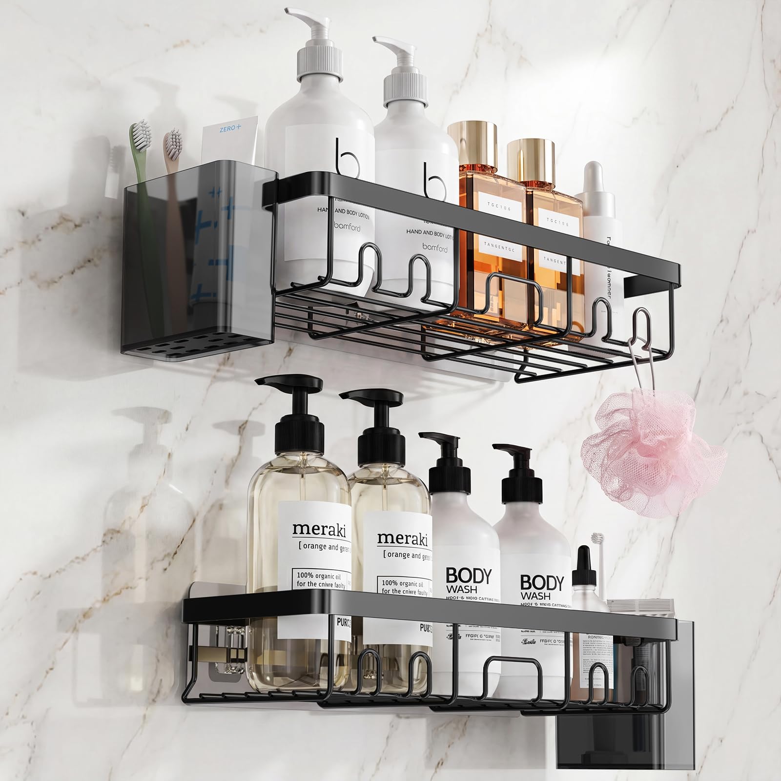 YEAUPE PRO Shower Caddy Bathroom Shelf Set, 4 Pack No Drill Shower Shelves with 2 Large Shower Caddies & 2 Toothbrush Holders, Extra Large 70 × 250 mm Adhesive, Rustproof Metal, Black