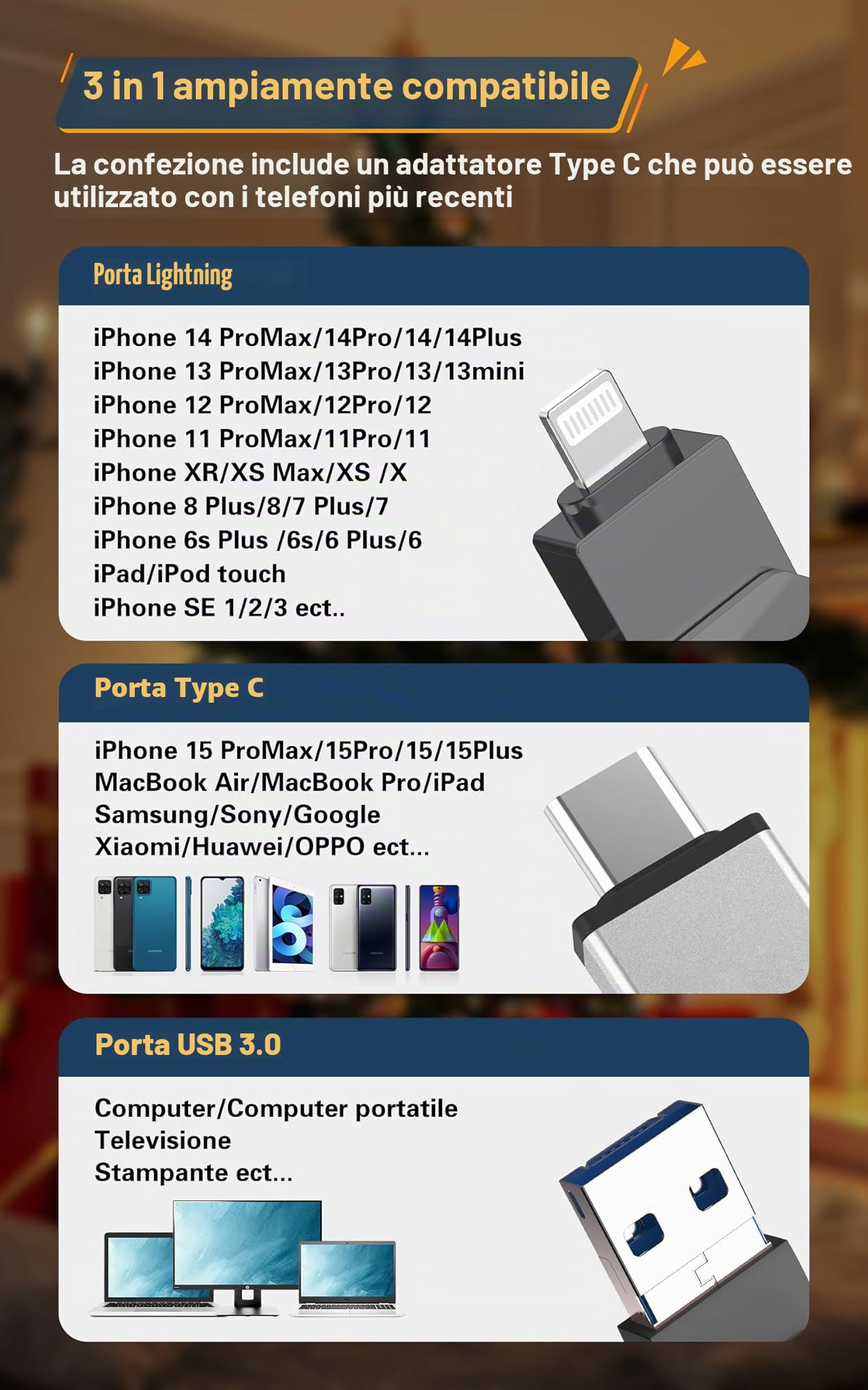 Chiavetta USB per iPhone 256GB,[MFi Certified] Patianco 3 in 1 Pendrive per Lightning USB 3.0 Chiave USB C per iphone per Scaricare Foto Memoria Stick per OTG Smartphone/Mac/PC/TypeC-iPhone/iPad(Nero)