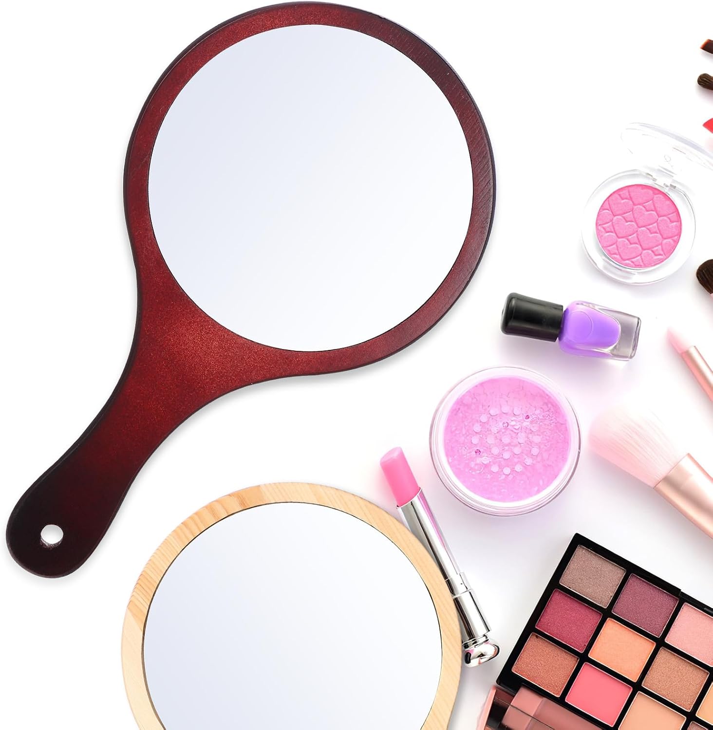 2Pcs Large Wood Hand Mirrors with Handle Portable Handheld Makeup Mirrors for Travel and Hair Cutting Natural Wood Tone for Women and Men