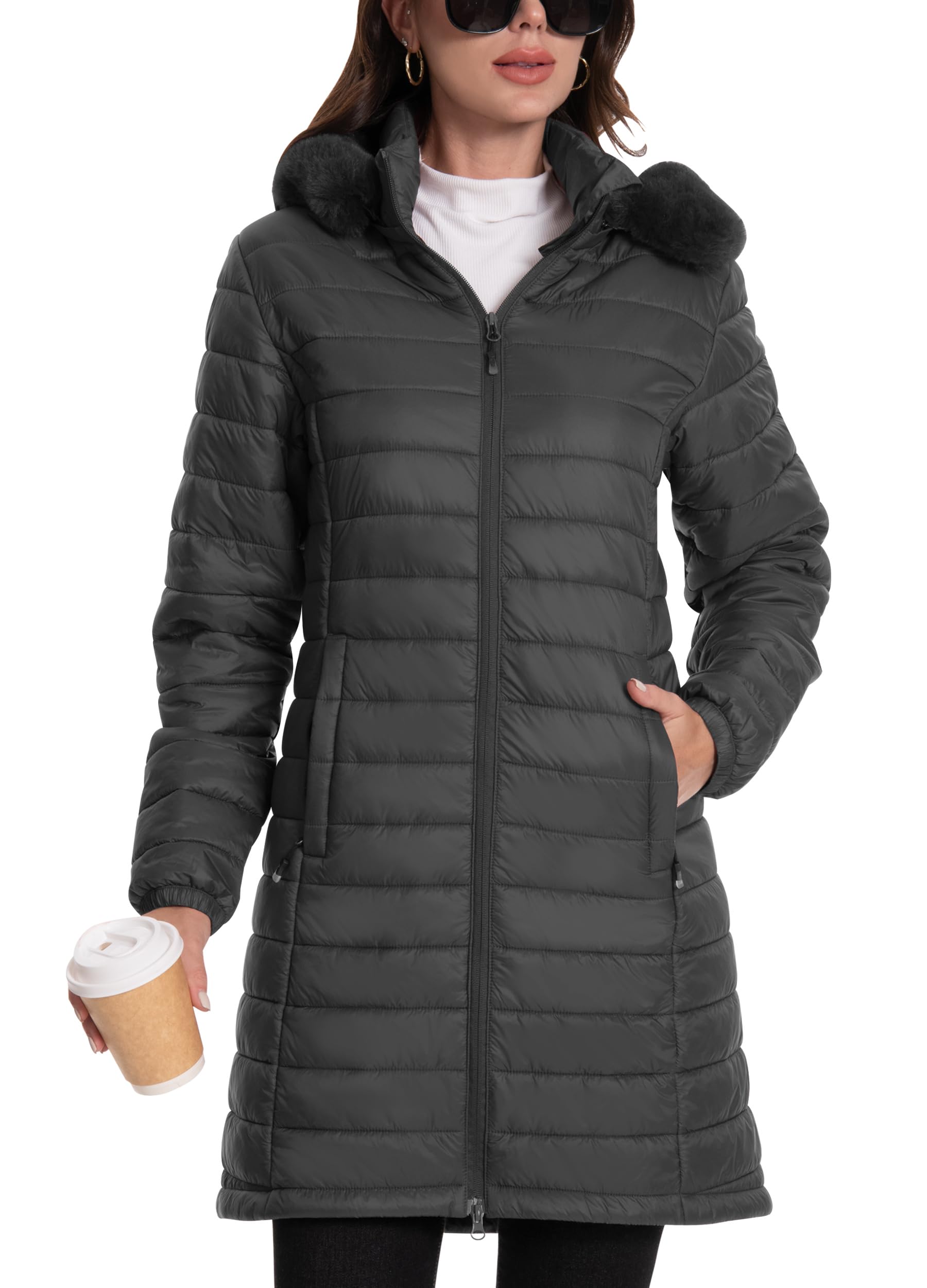 ATLASLAVA Damen Winterjacke Lang Wintermantel Steppjacke Übergangsjacke Daunenjacke Wasserdicht Warm Leichte Kapuze Frauen Winter Mantel Outdoor Dunkelgrau 2XL
