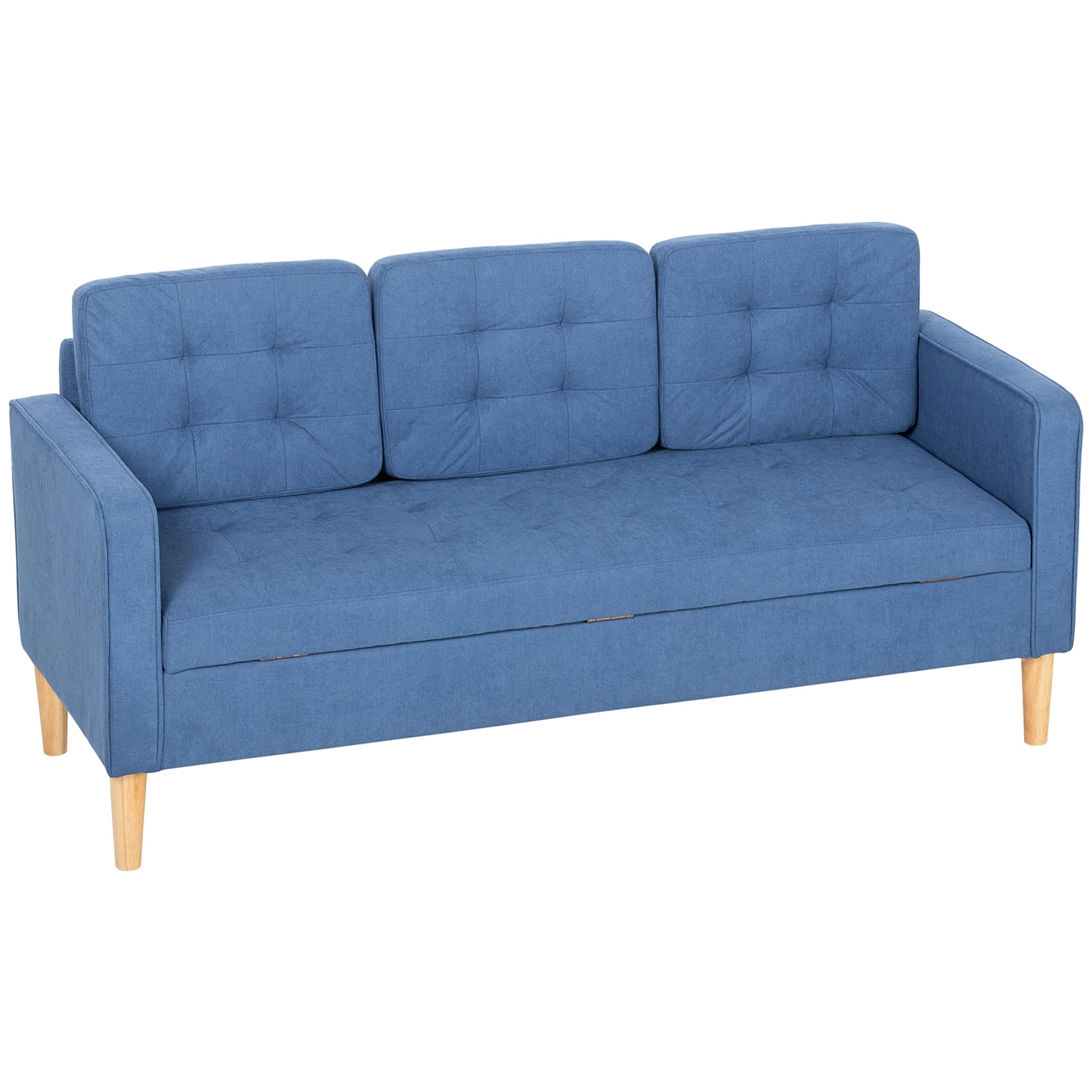 HOMCOM 3 Seater Sofa with Storage - Blue - Rubber Wood