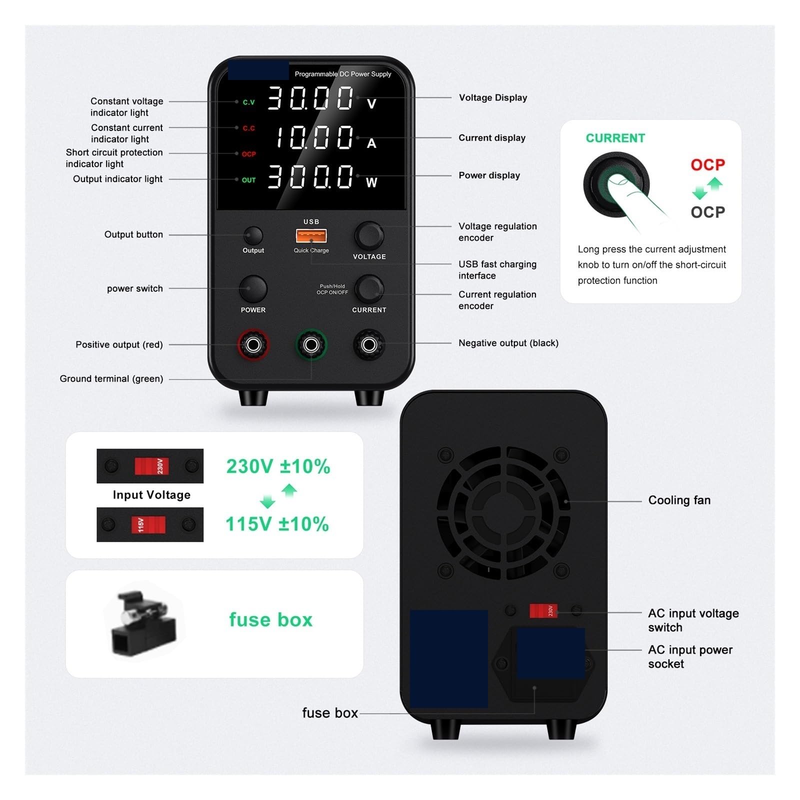 Fuente de alimentación variable, Fuente De Alimentación CC Laboratorio, Ajustable, 30V, 10A, Ajuste Del Codificador Corriente Voltaje, 60V, 5A, 120V, 3A(EPS6205 62V 5A)