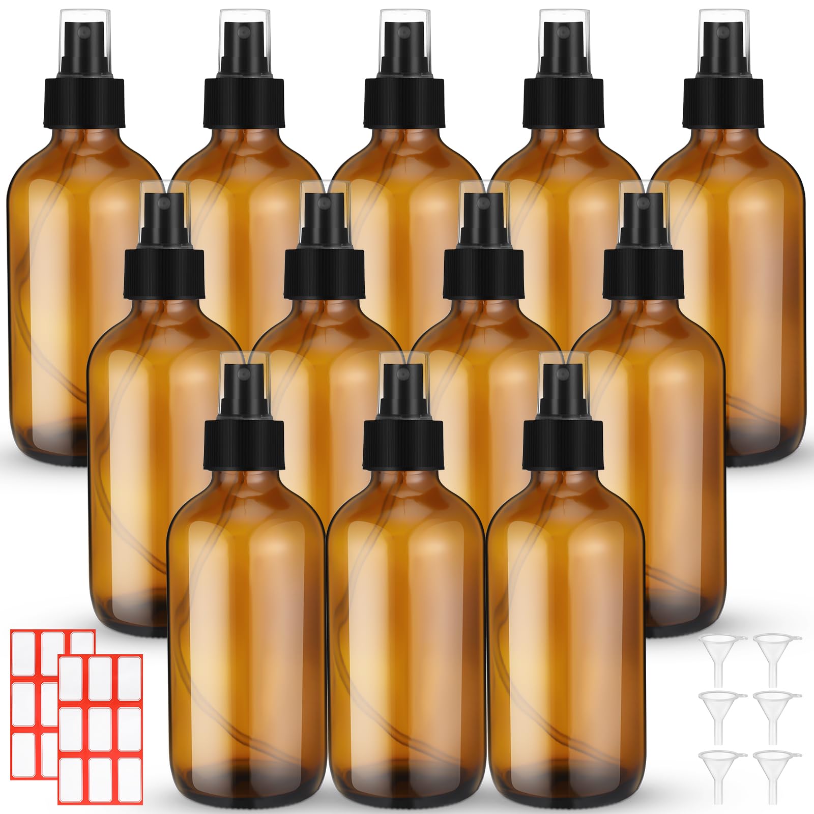 Norme 12 Pcs 8 oz Glass Spray Bottles with Funnels and Labels Refillable Cosmetic Empty Spray Bottles with Sprayer Containers for Essential Oil
