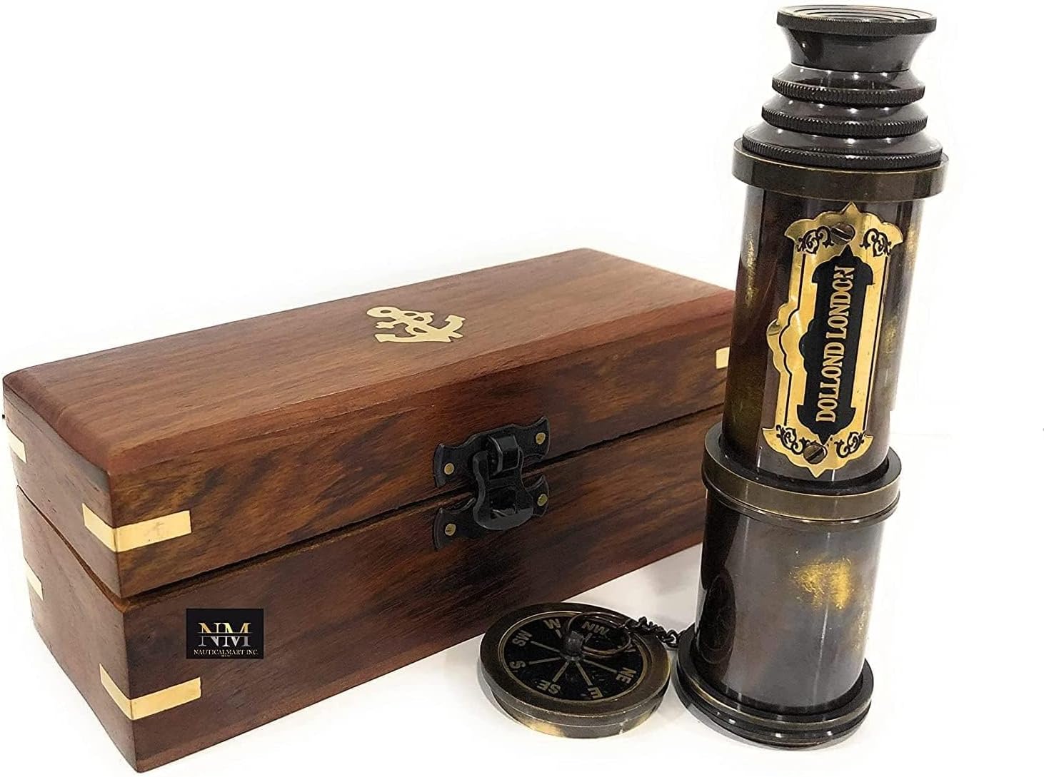 DOLLOND London Marine Collectible Décor Nautical Spyglass Antique Mounted Solid Brass 17 Inch Pirate Telescope with Wooden Box, Glass Optics and High Magnfication, Handheld Antique Style Telescope
