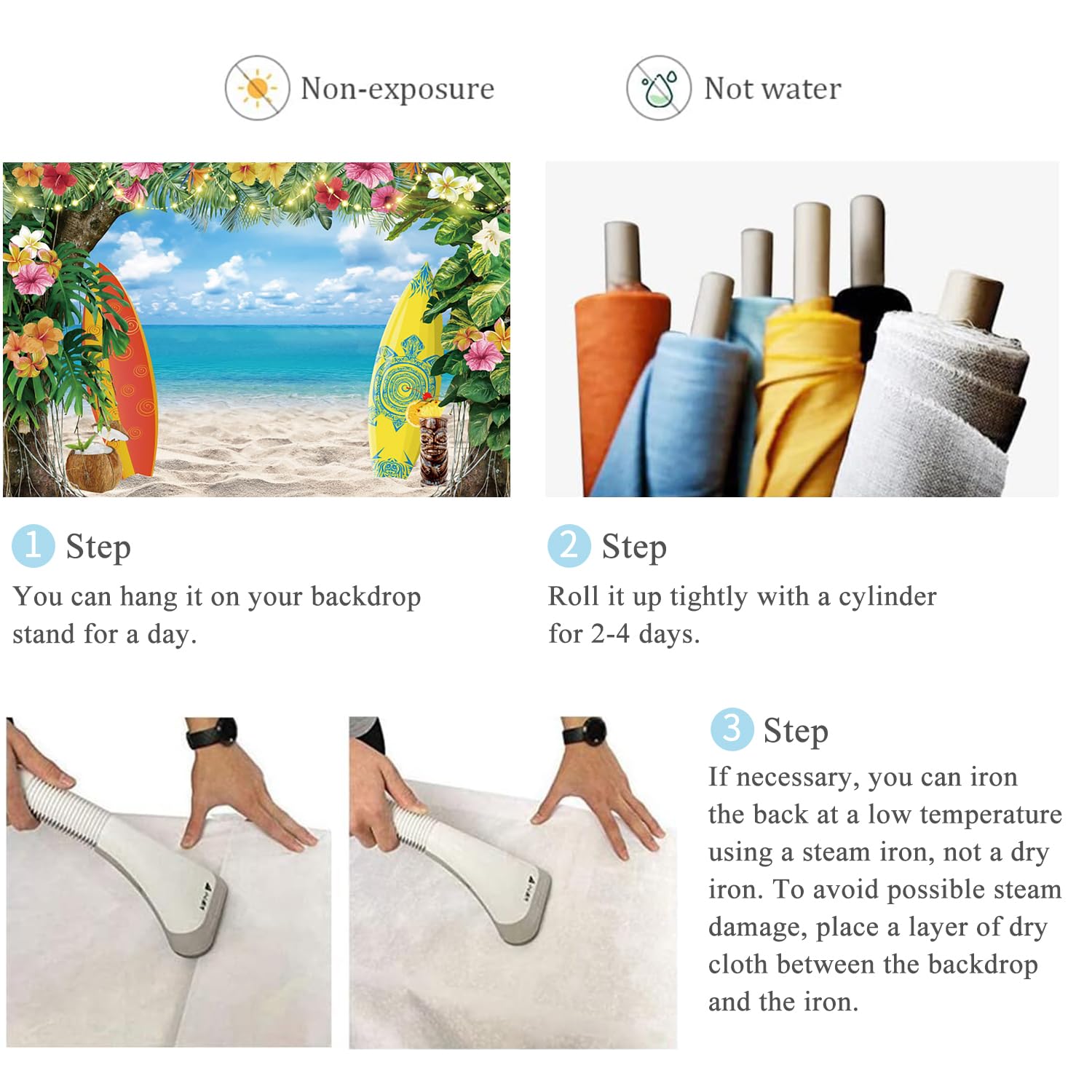 3x2m Sfondo Spiaggia estate hawaiano tropicale foglie di palma fiori tavola da surf cielo blu fotografia sfondo matrimonio baby shower compleanno Luau Party decorazione Photo Booth Props