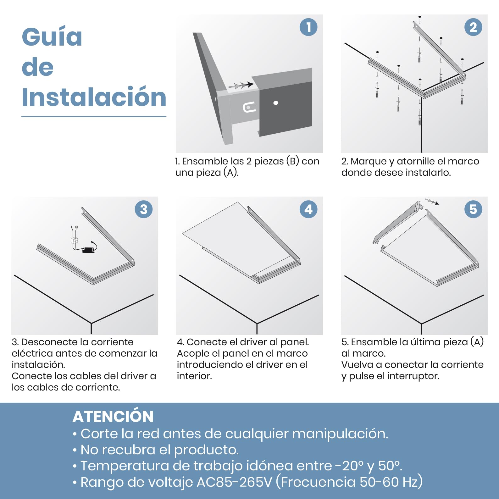 LED ATOMANT Soporte de Superficie para convertir Panel slim 120x60cm. Color Marco blanco. Fabricado en Aluminio. Kit para Techos. Convertir panel led empotrar en superficie facilmente.