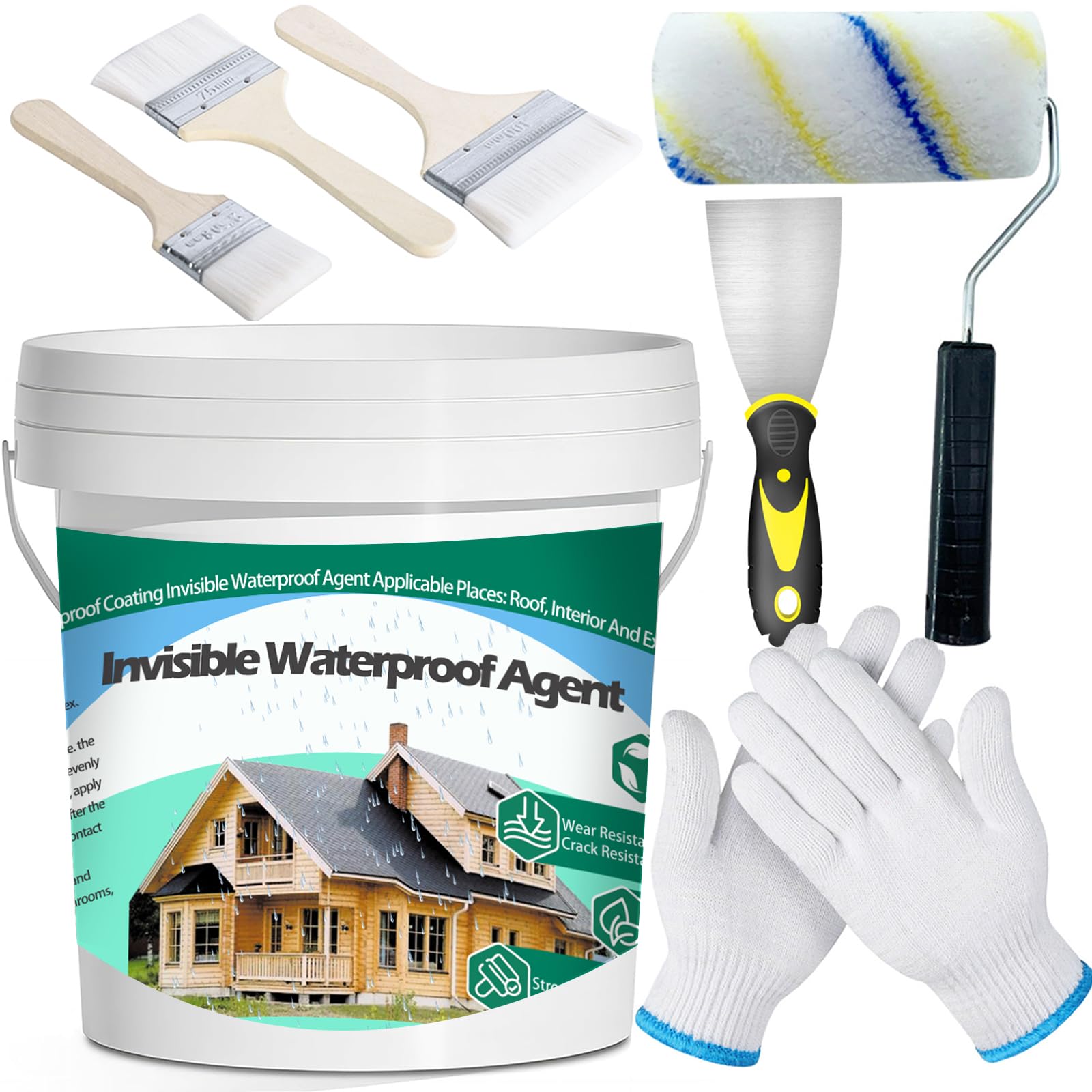 3Kg/106Fl.oz Invisible Waterproof Agent Indoor&Outdoor Waterproof Coating Set Transparent Liquid Sealant with Wooden Brush Resistant Work Gloves Putty Knife Cut Paint Roller